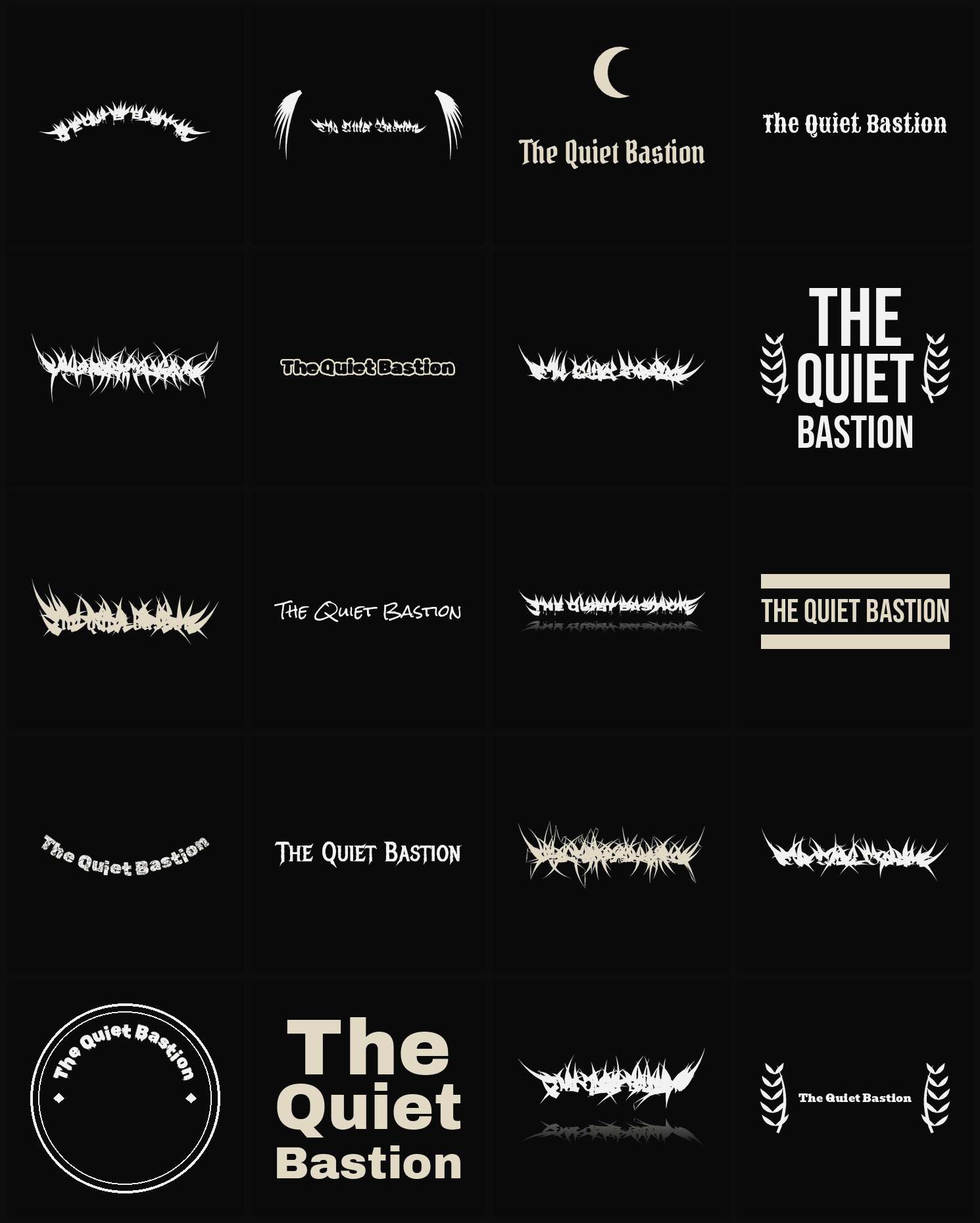 Twenty The Quiet Bastion band logo ideas — different faces, treatments and spike settings