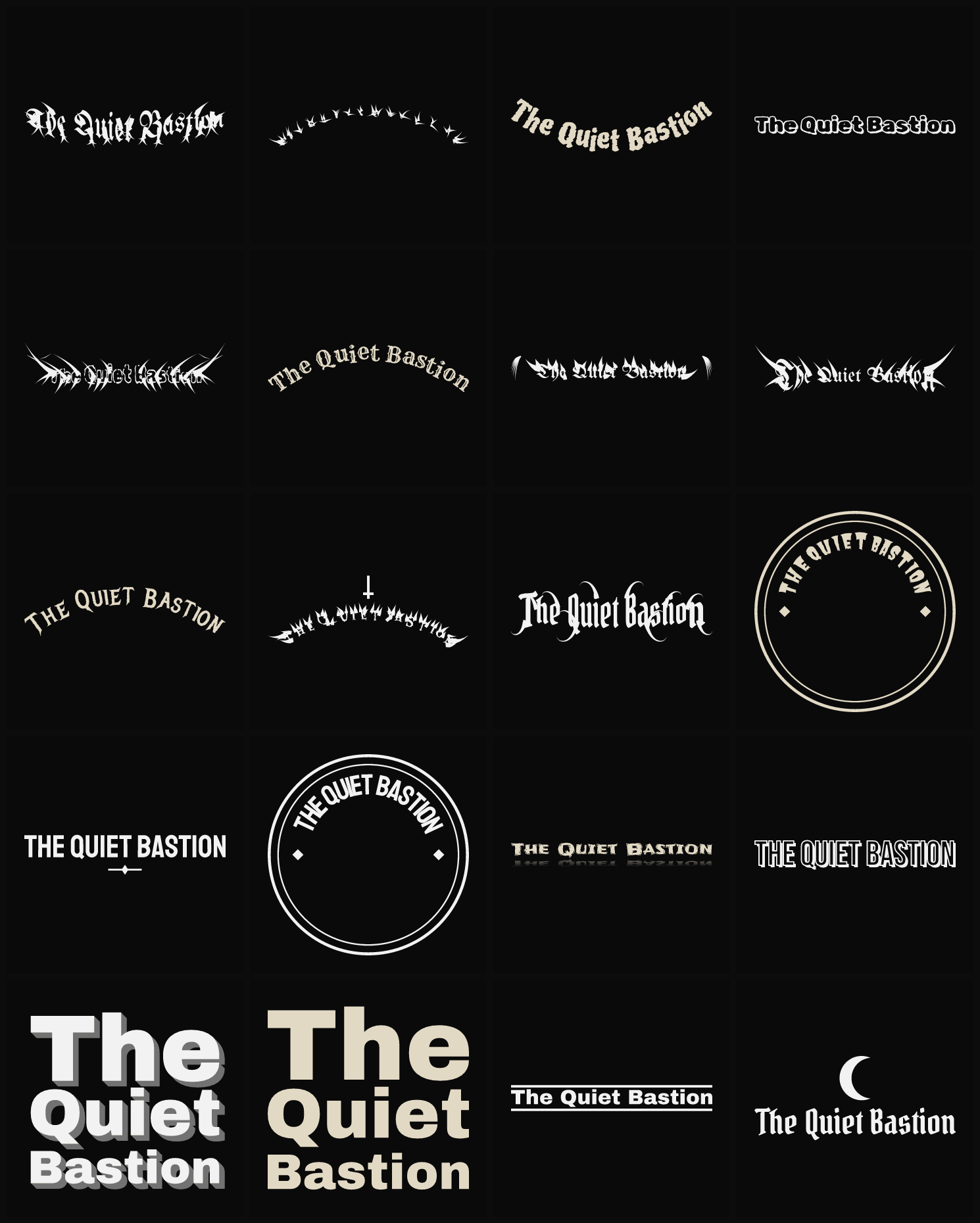 Twenty The Quiet Bastion band logo ideas — different faces, treatments and spike settings