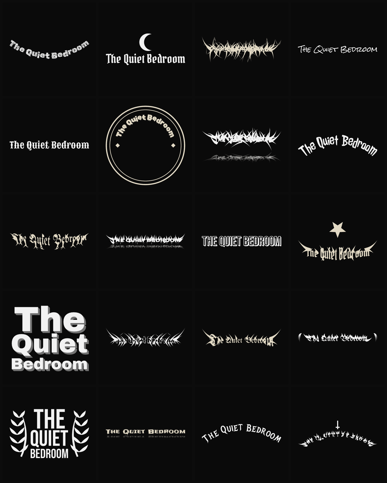 Twenty The Quiet Bedroom band logo ideas — different faces, treatments and spike settings
