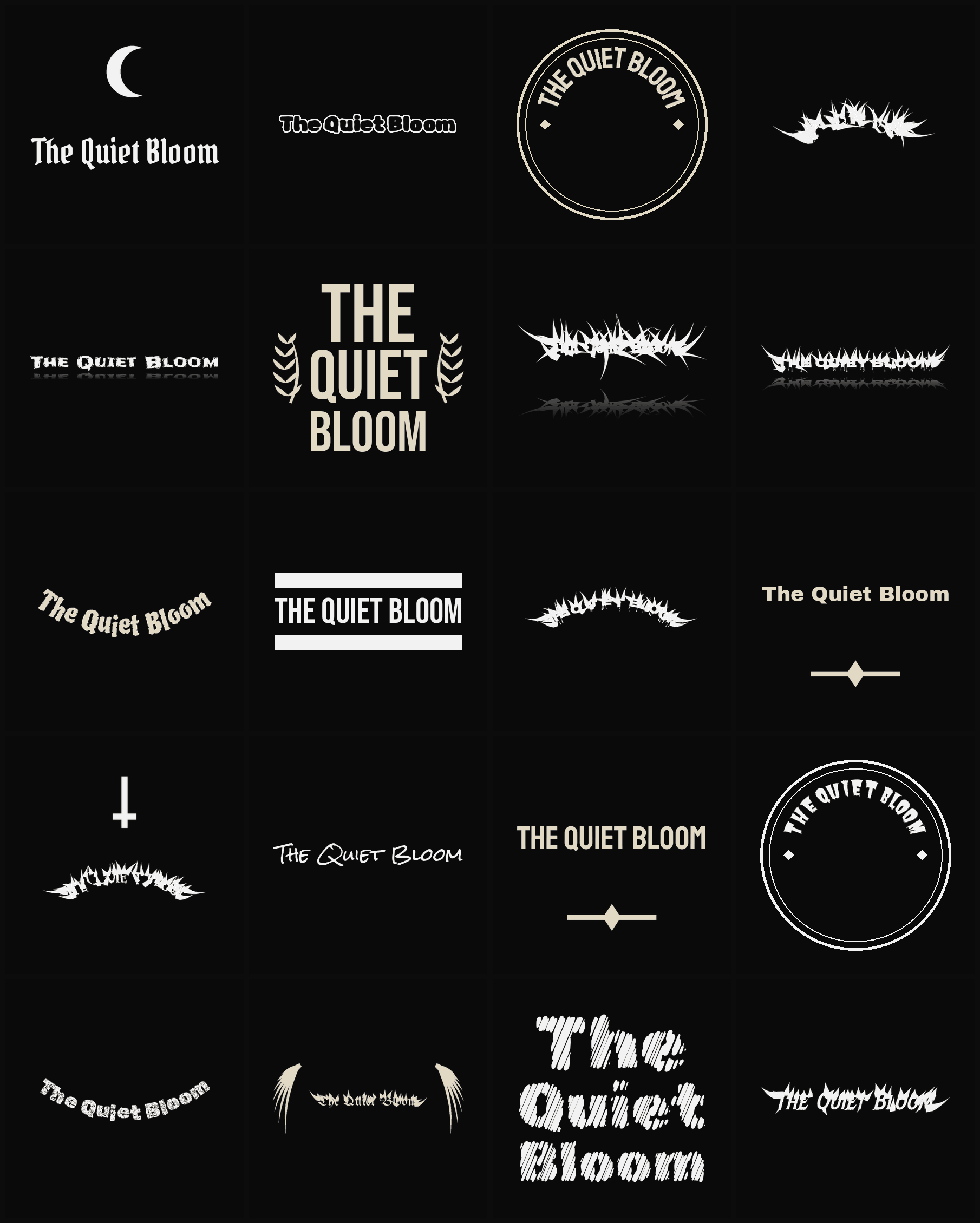 Twenty The Quiet Bloom band logo ideas — different faces, treatments and spike settings