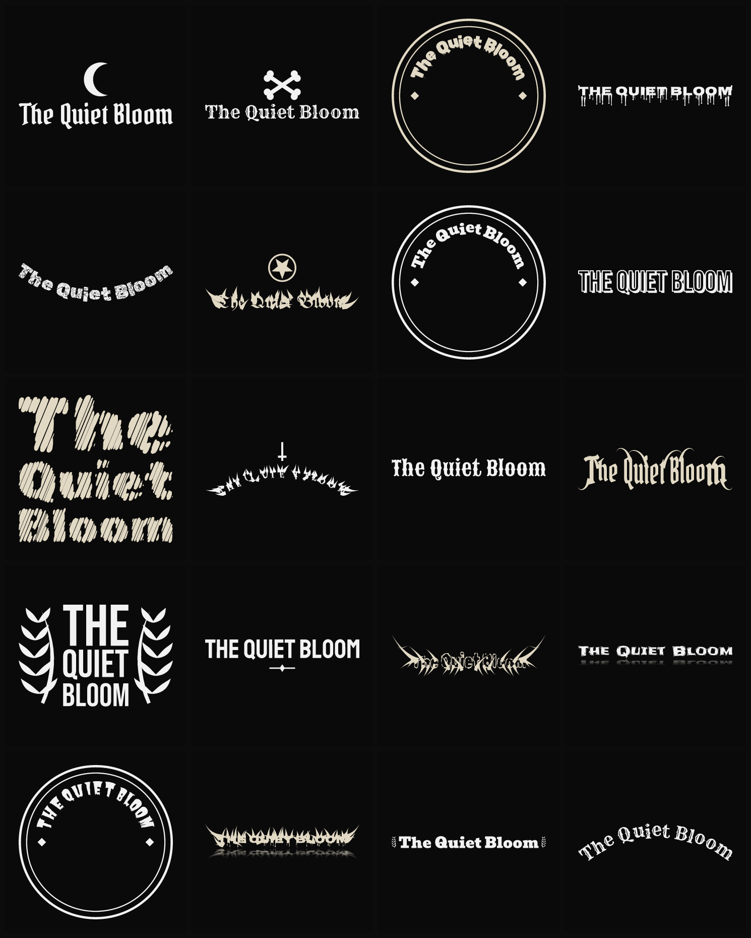 Twenty The Quiet Bloom band logo ideas — different faces, treatments and spike settings