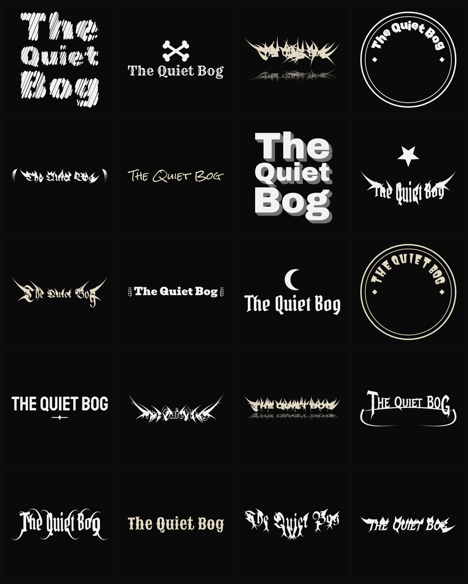 Twenty The Quiet Bog band logo ideas — different faces, treatments and spike settings