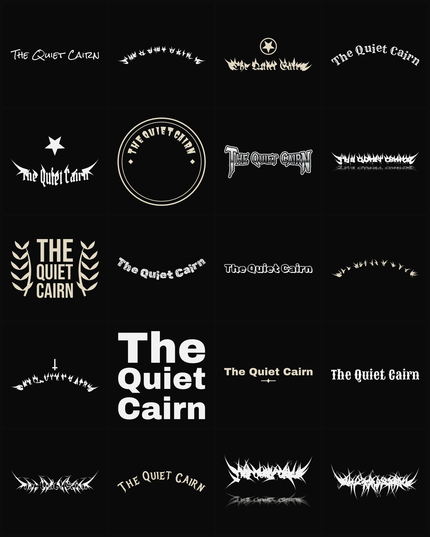 Twenty The Quiet Cairn band logo ideas — different faces, treatments and spike settings