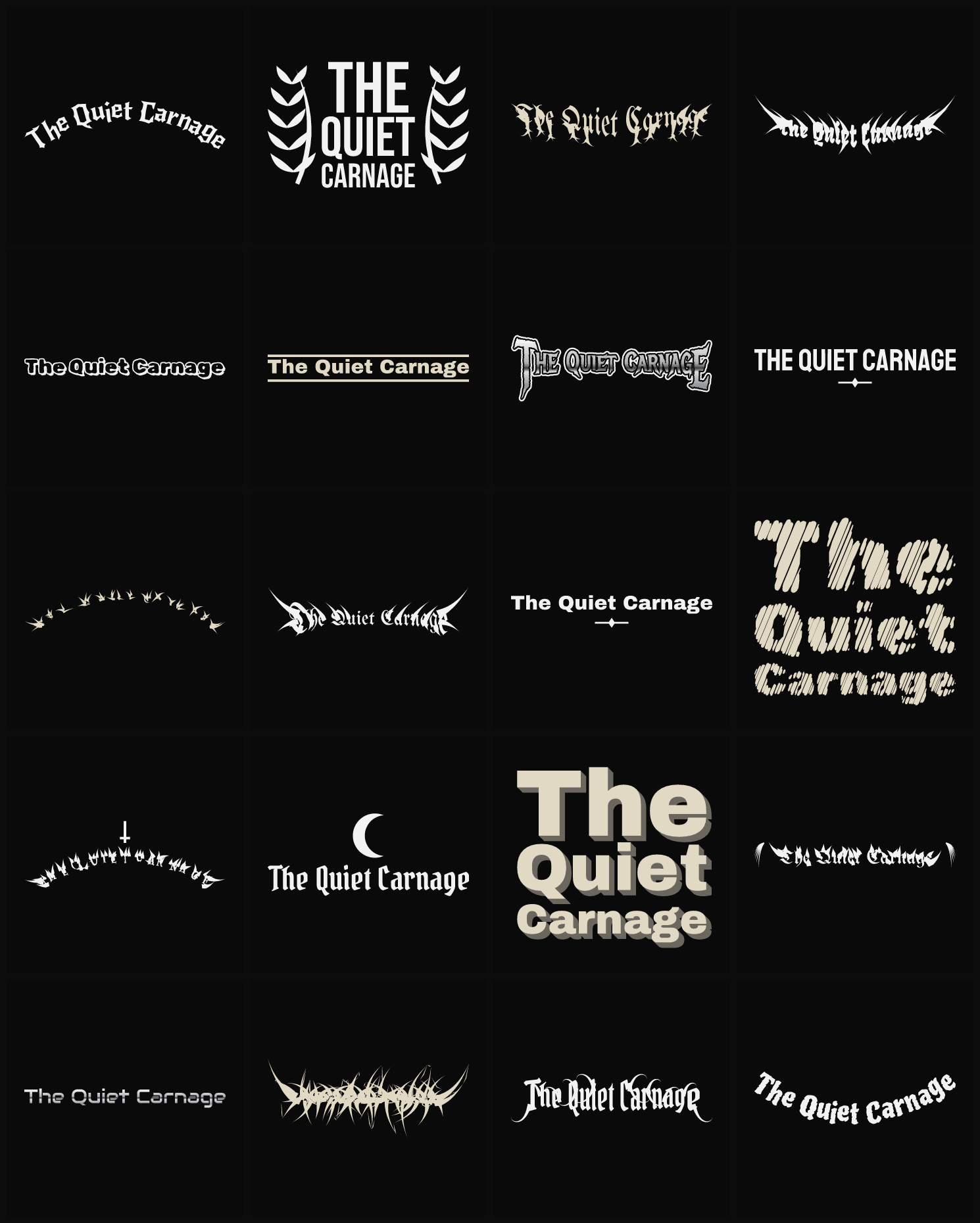 Twenty The Quiet Carnage band logo ideas — different faces, treatments and spike settings