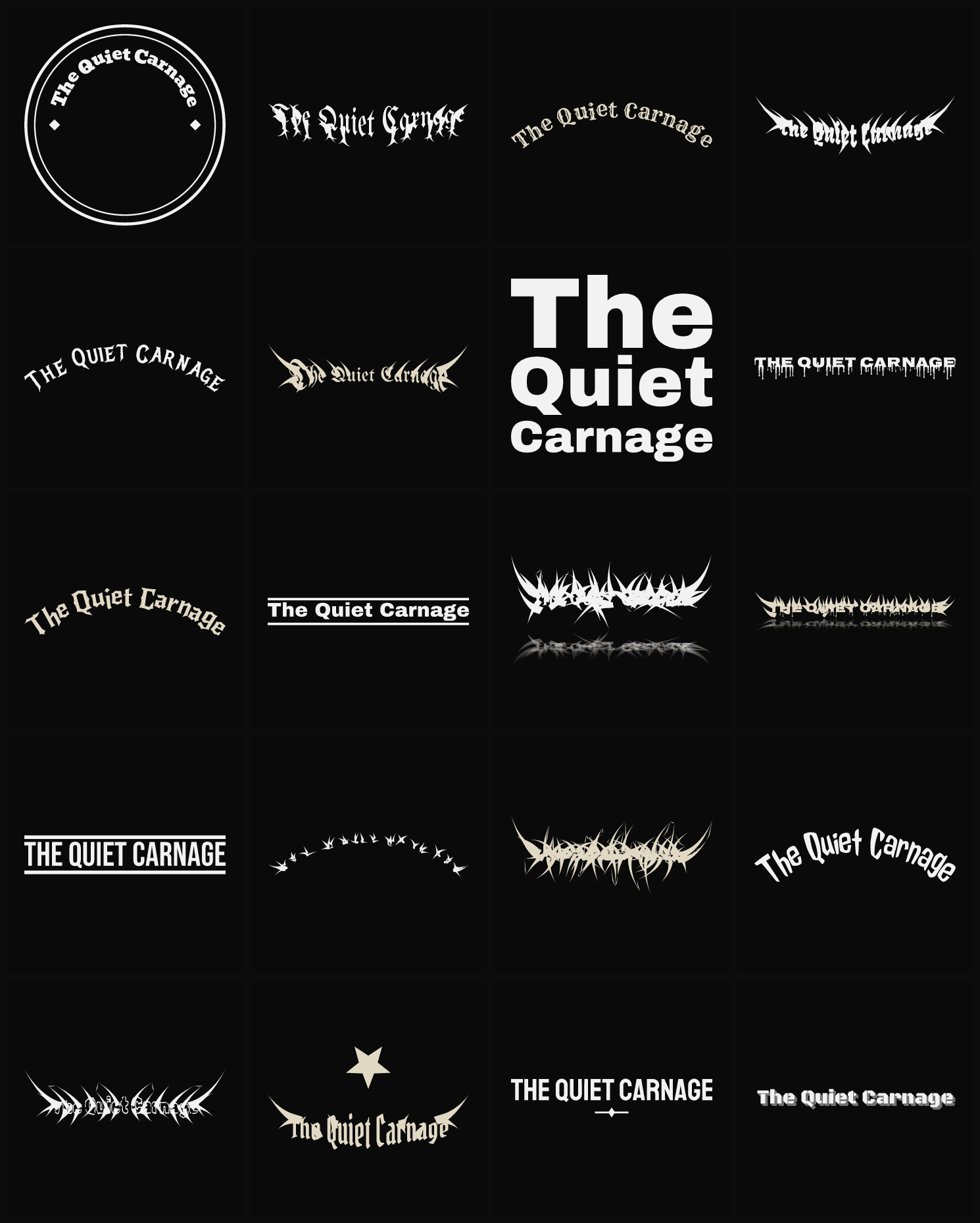 Twenty The Quiet Carnage band logo ideas — different faces, treatments and spike settings