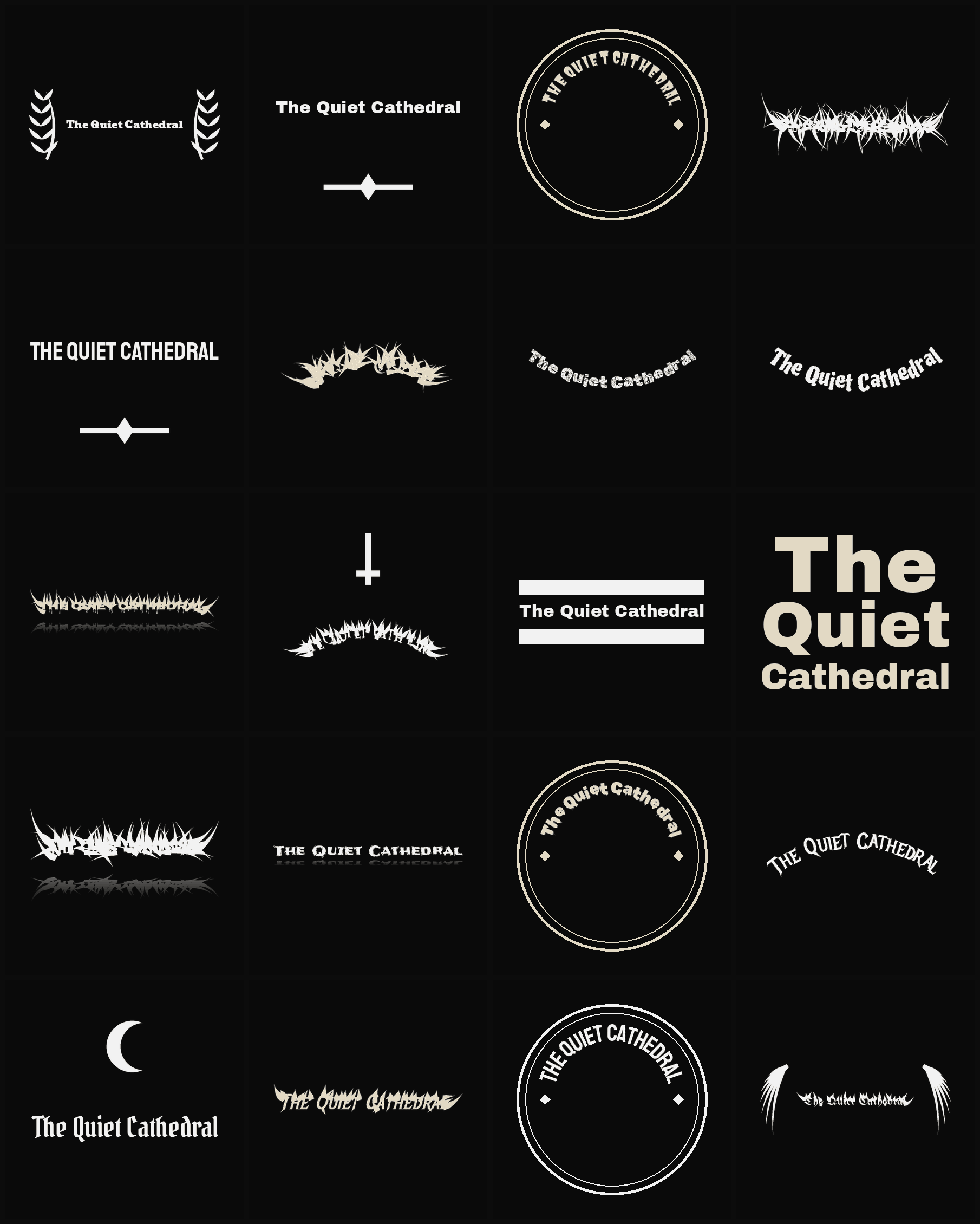 Twenty The Quiet Cathedral band logo ideas — different faces, treatments and spike settings