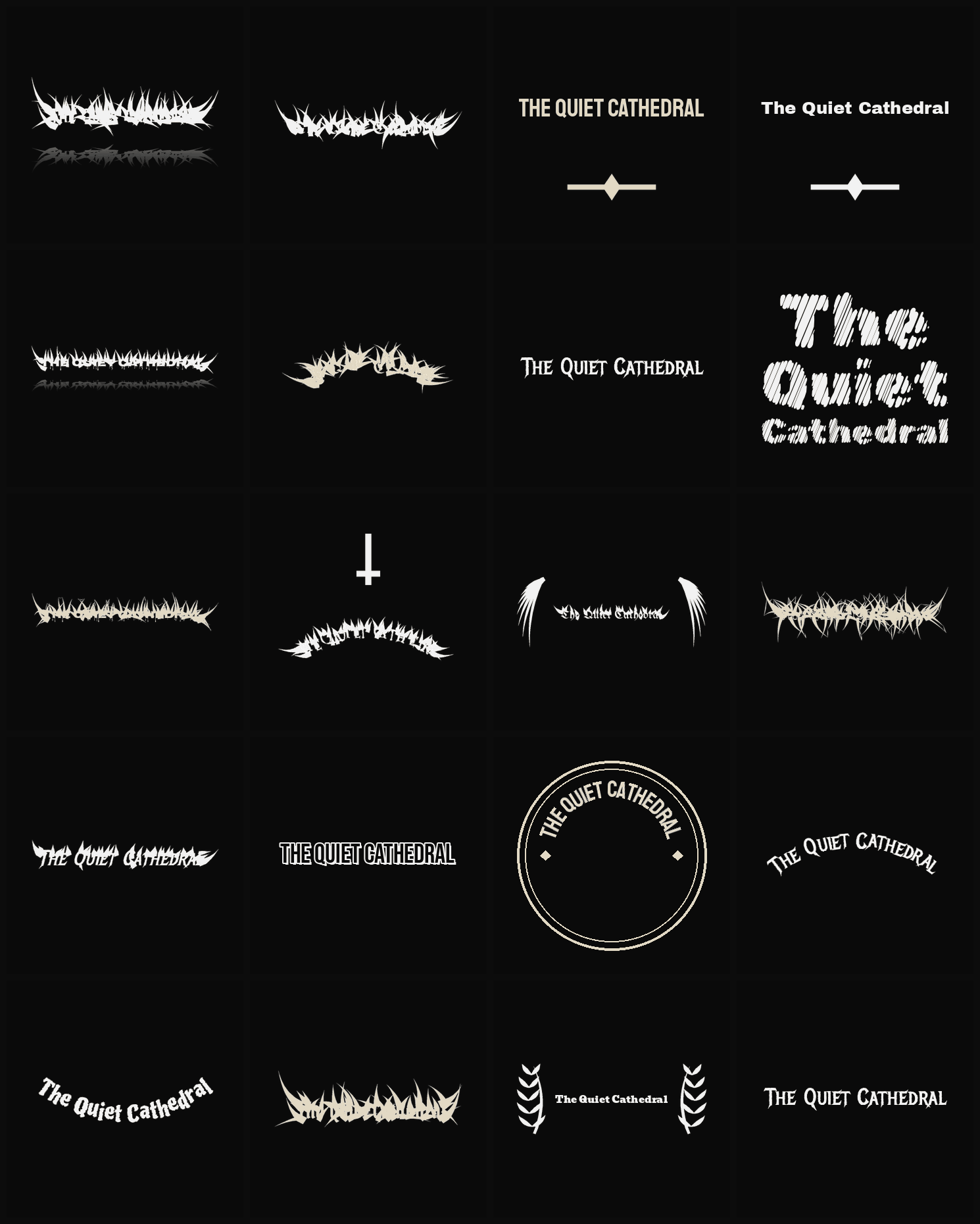Twenty The Quiet Cathedral band logo ideas — different faces, treatments and spike settings