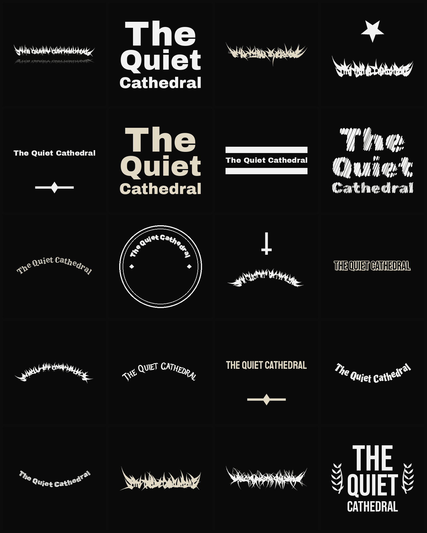 Twenty The Quiet Cathedral band logo ideas — different faces, treatments and spike settings