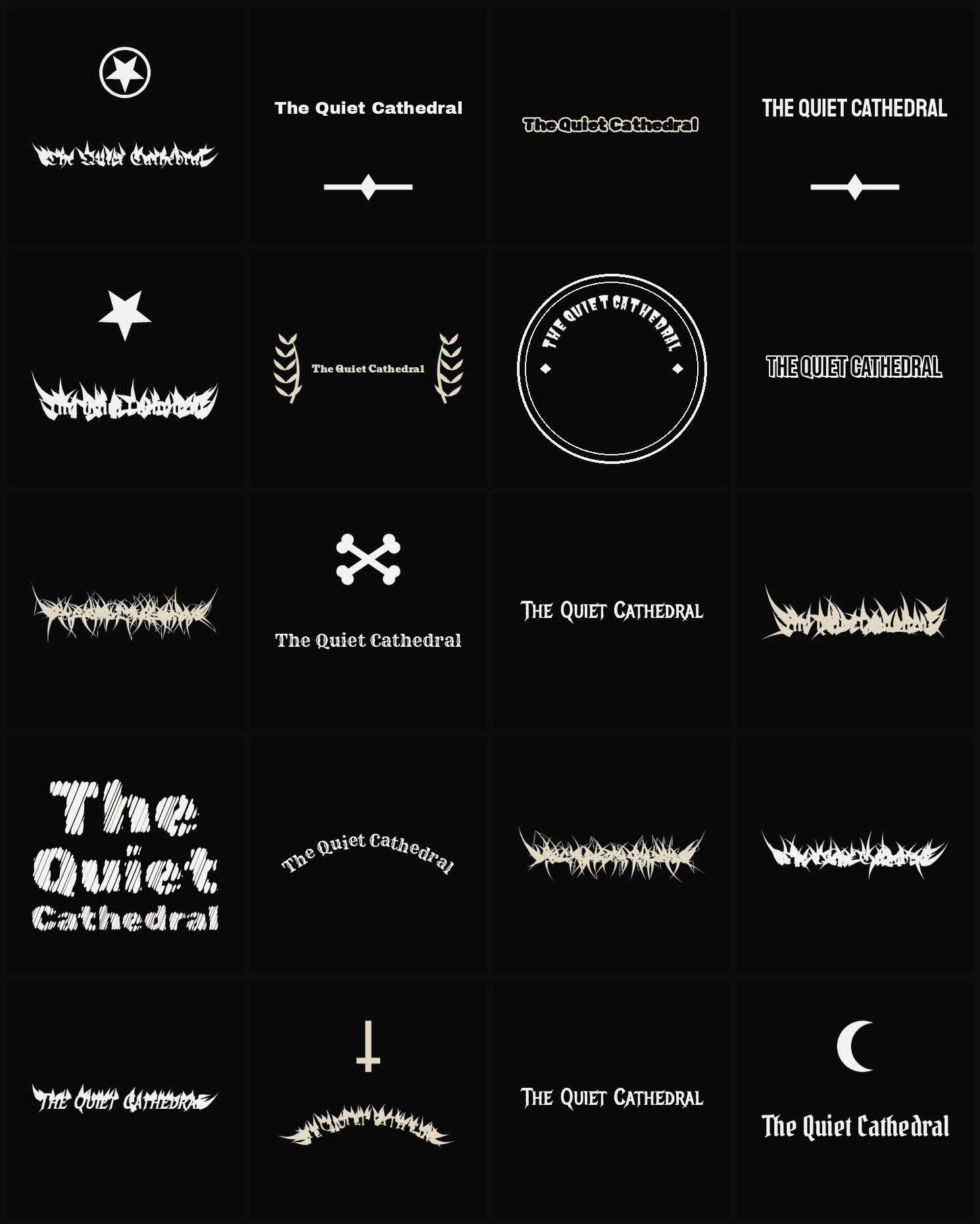 Twenty The Quiet Cathedral band logo ideas — different faces, treatments and spike settings