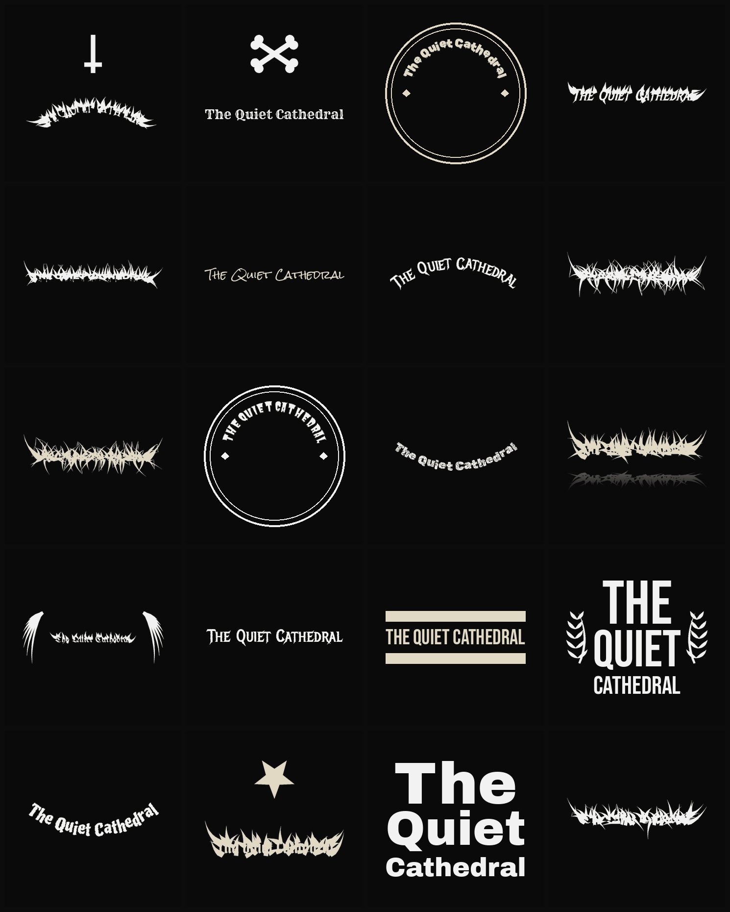 Twenty The Quiet Cathedral band logo ideas — different faces, treatments and spike settings