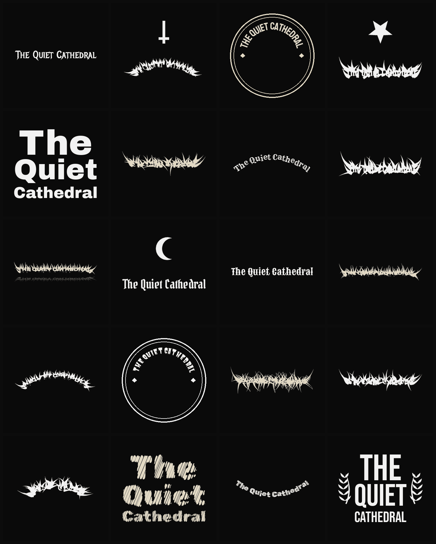 Twenty The Quiet Cathedral band logo ideas — different faces, treatments and spike settings