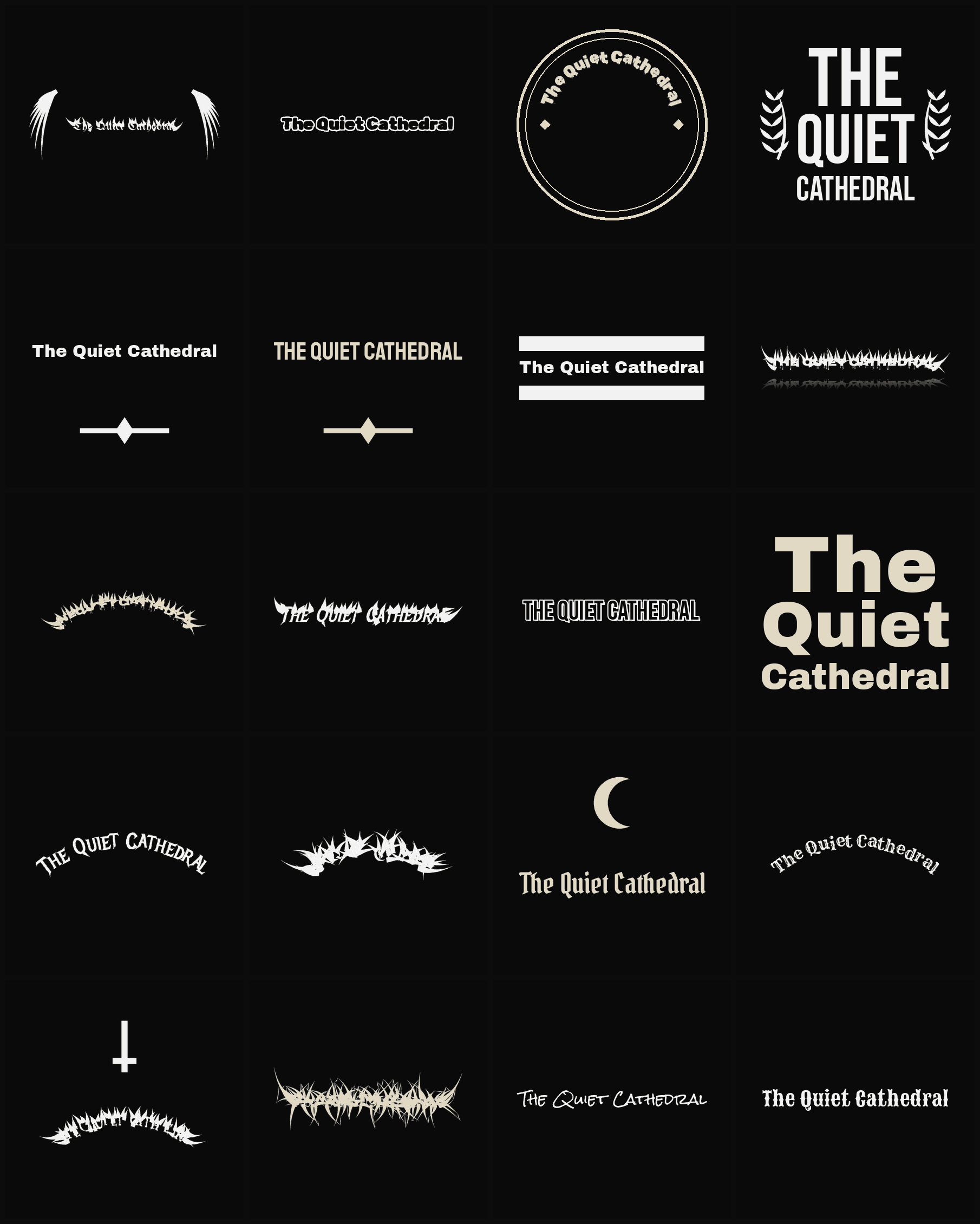 Twenty The Quiet Cathedral band logo ideas — different faces, treatments and spike settings