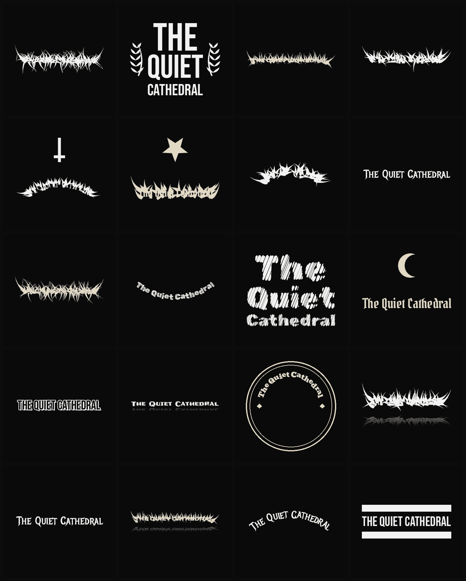 Twenty The Quiet Cathedral band logo ideas — different faces, treatments and spike settings