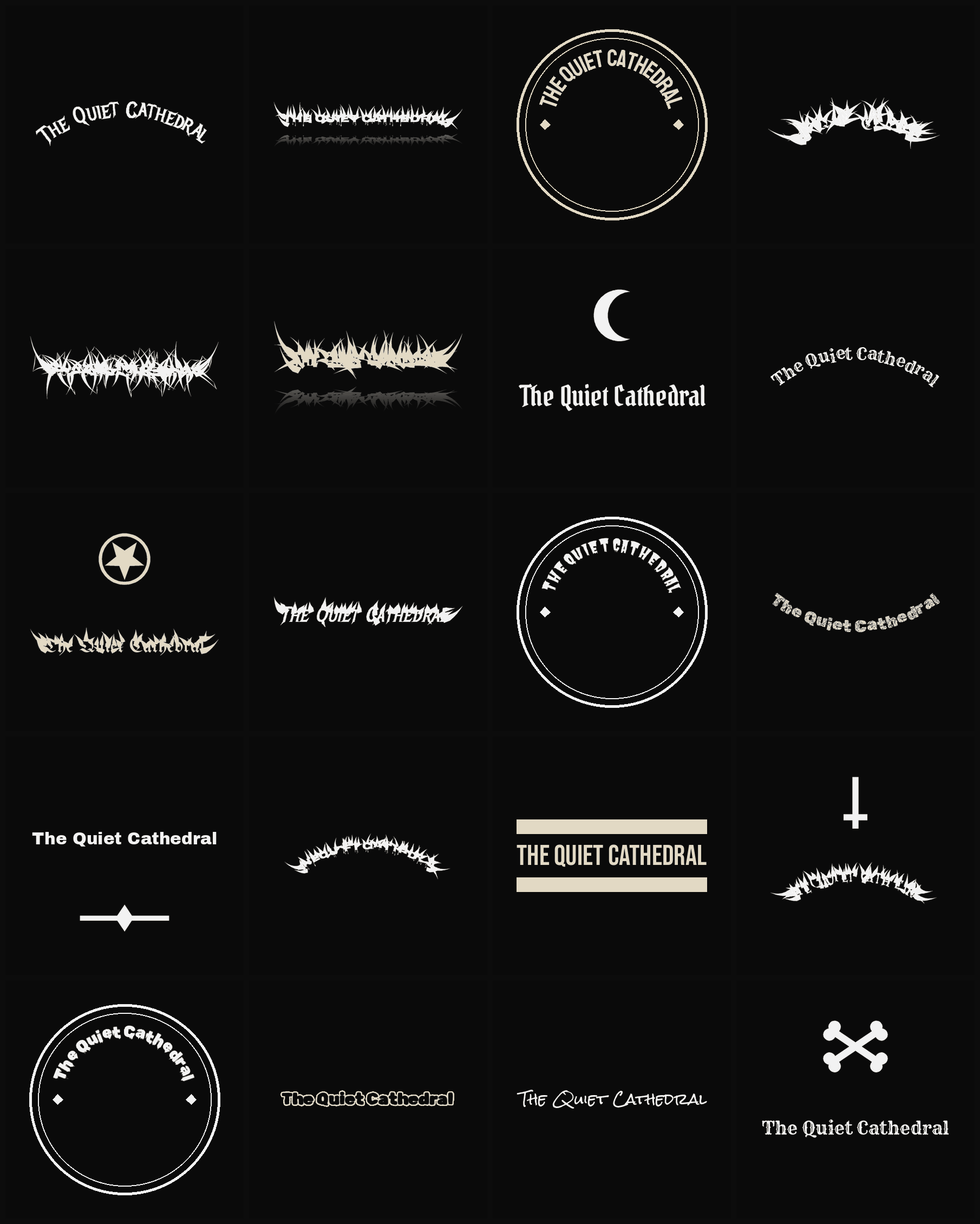 Twenty The Quiet Cathedral band logo ideas — different faces, treatments and spike settings