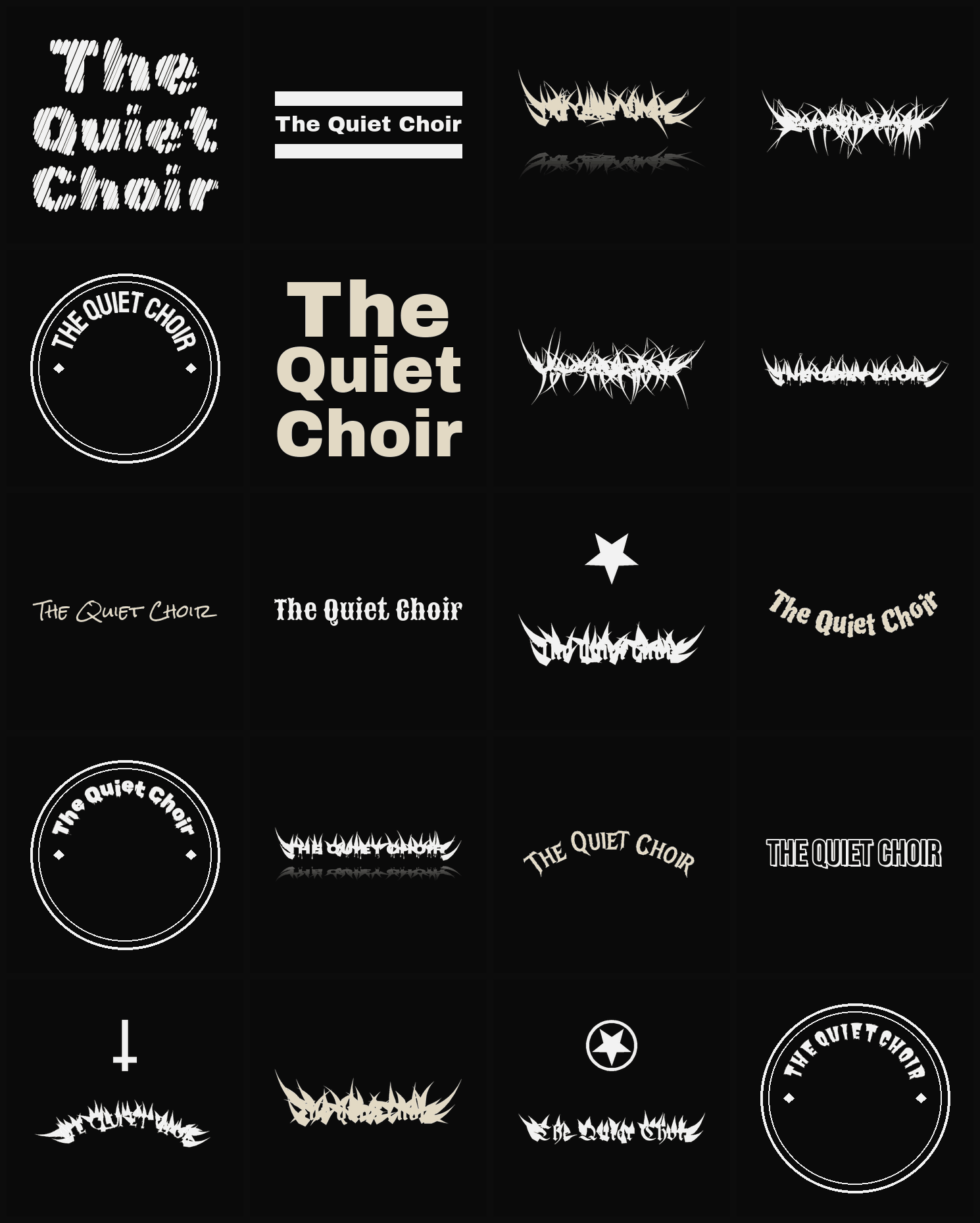 Twenty The Quiet Choir band logo ideas — different faces, treatments and spike settings