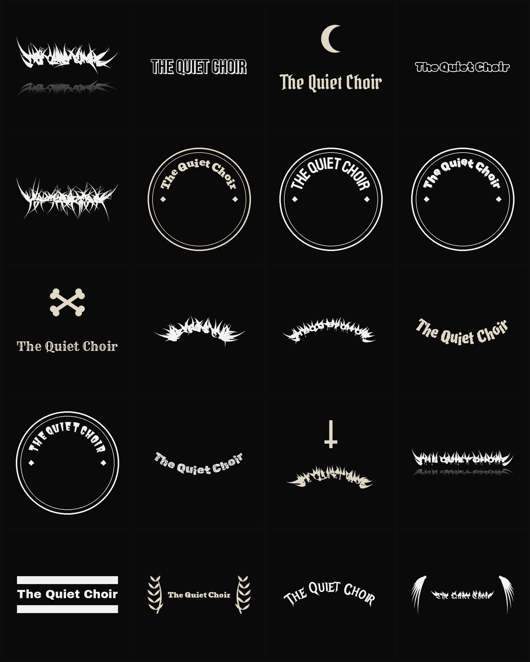 Twenty The Quiet Choir band logo ideas — different faces, treatments and spike settings