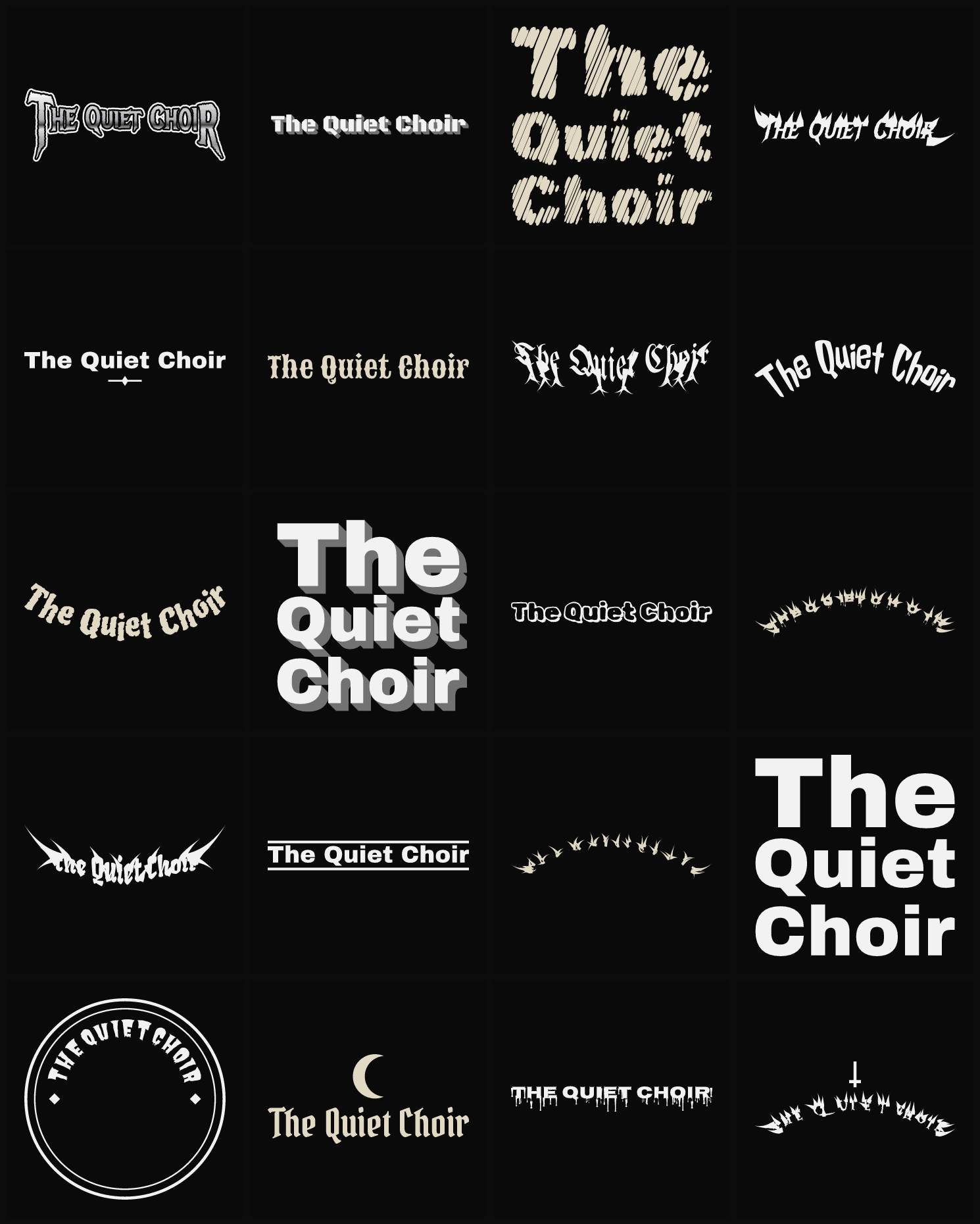Twenty The Quiet Choir band logo ideas — different faces, treatments and spike settings