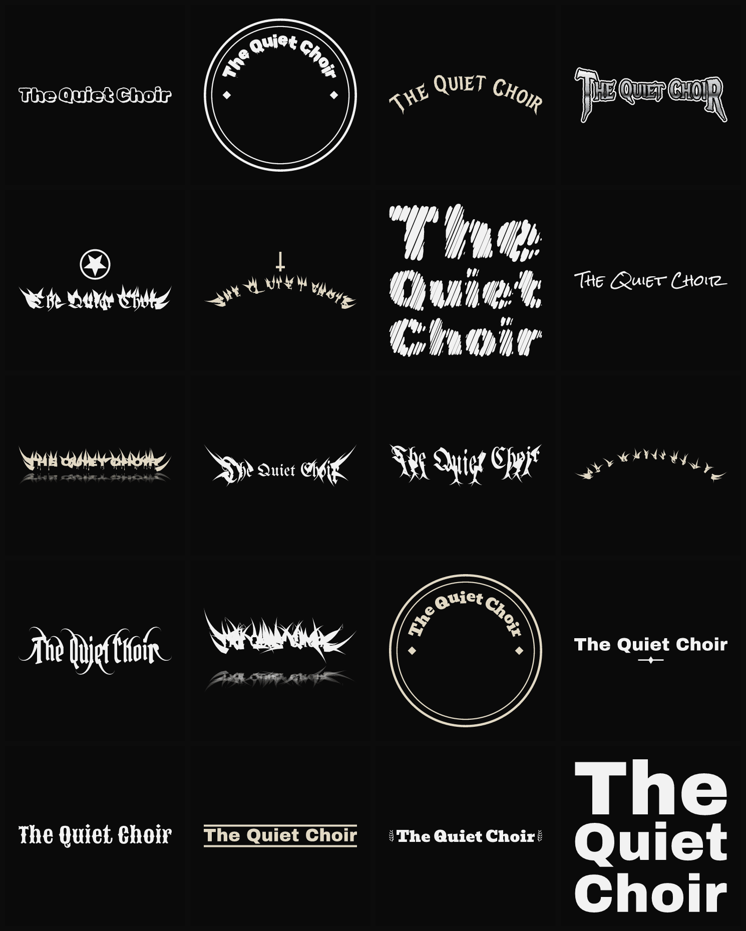 Twenty The Quiet Choir band logo ideas — different faces, treatments and spike settings