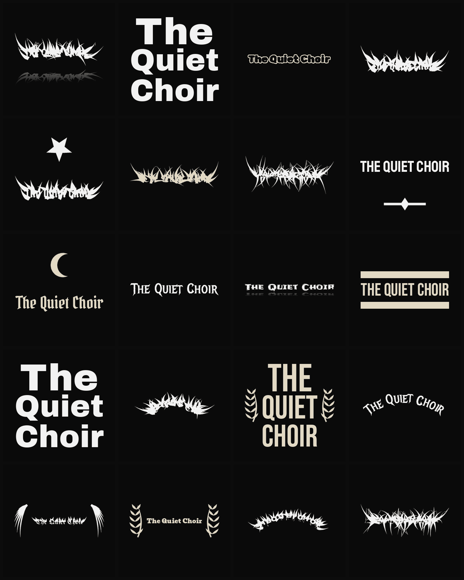 Twenty The Quiet Choir band logo ideas — different faces, treatments and spike settings