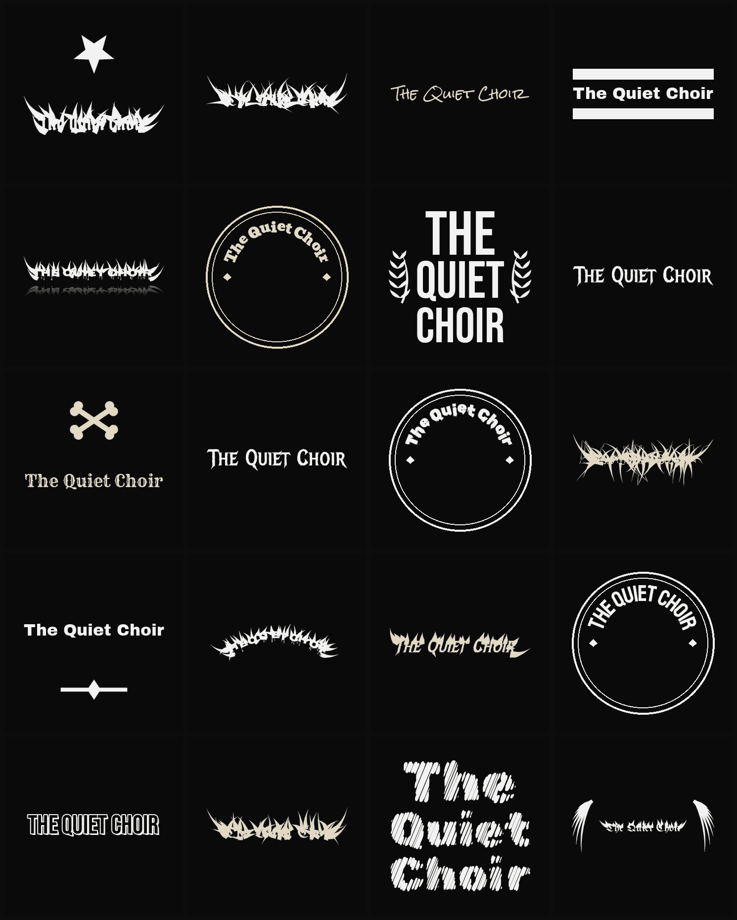 Twenty The Quiet Choir band logo ideas — different faces, treatments and spike settings