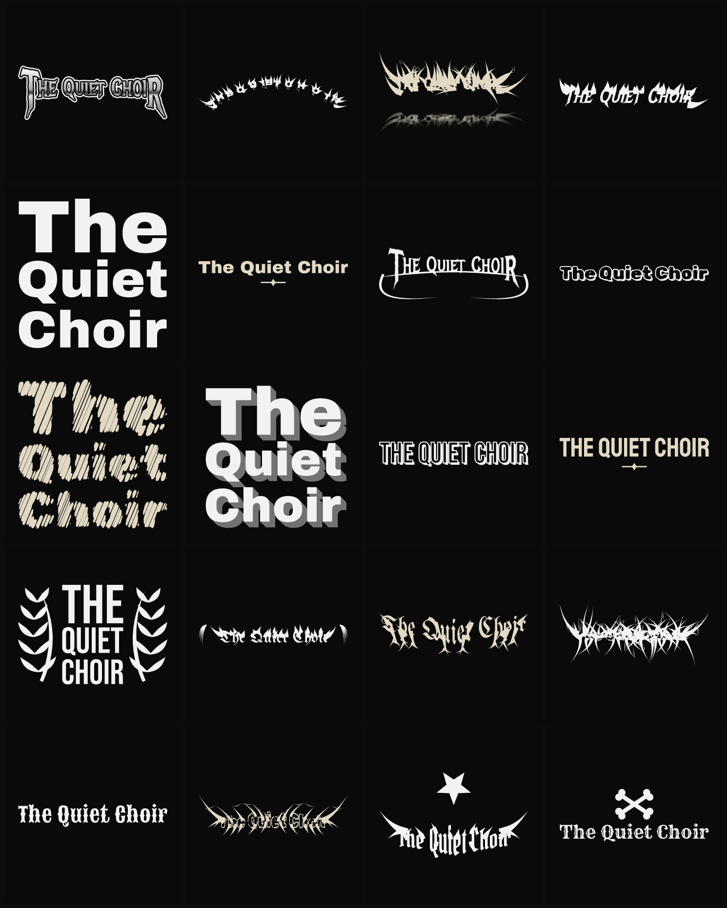 Twenty The Quiet Choir band logo ideas — different faces, treatments and spike settings