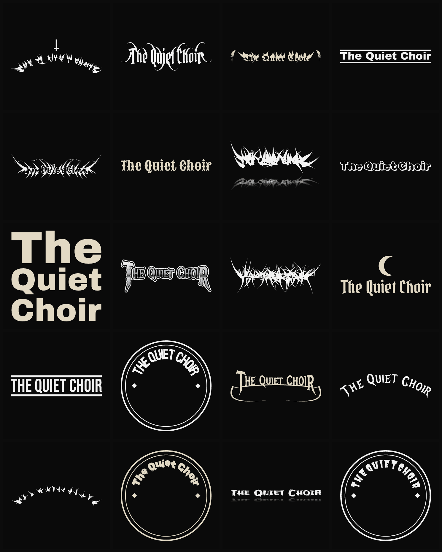 Twenty The Quiet Choir band logo ideas — different faces, treatments and spike settings