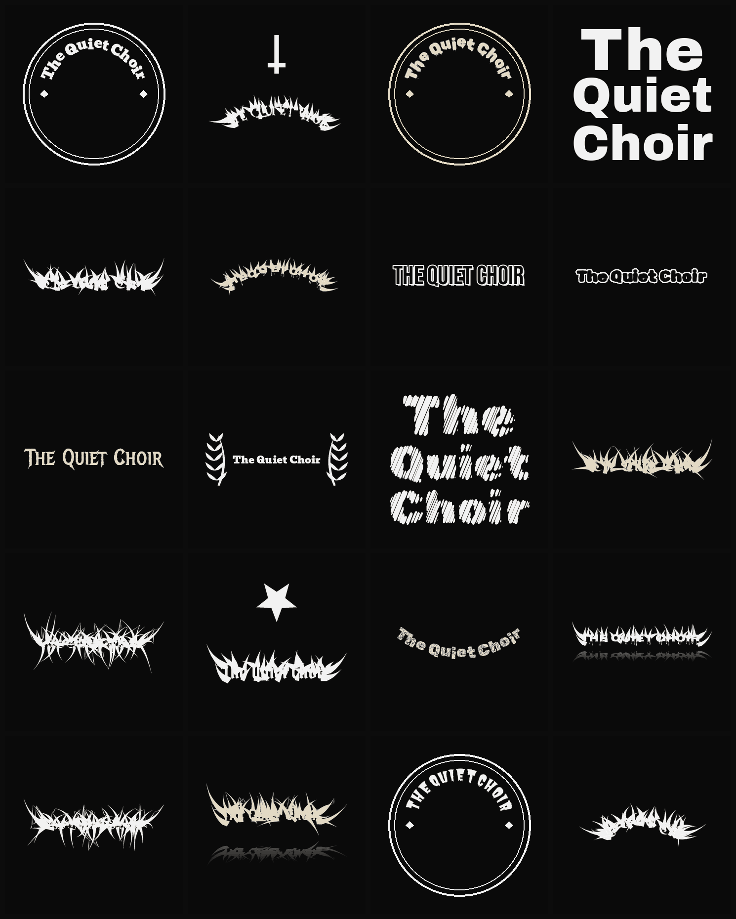 Twenty The Quiet Choir band logo ideas — different faces, treatments and spike settings