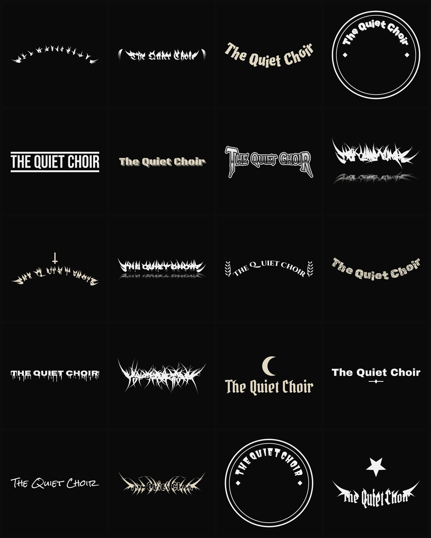 Twenty The Quiet Choir band logo ideas — different faces, treatments and spike settings