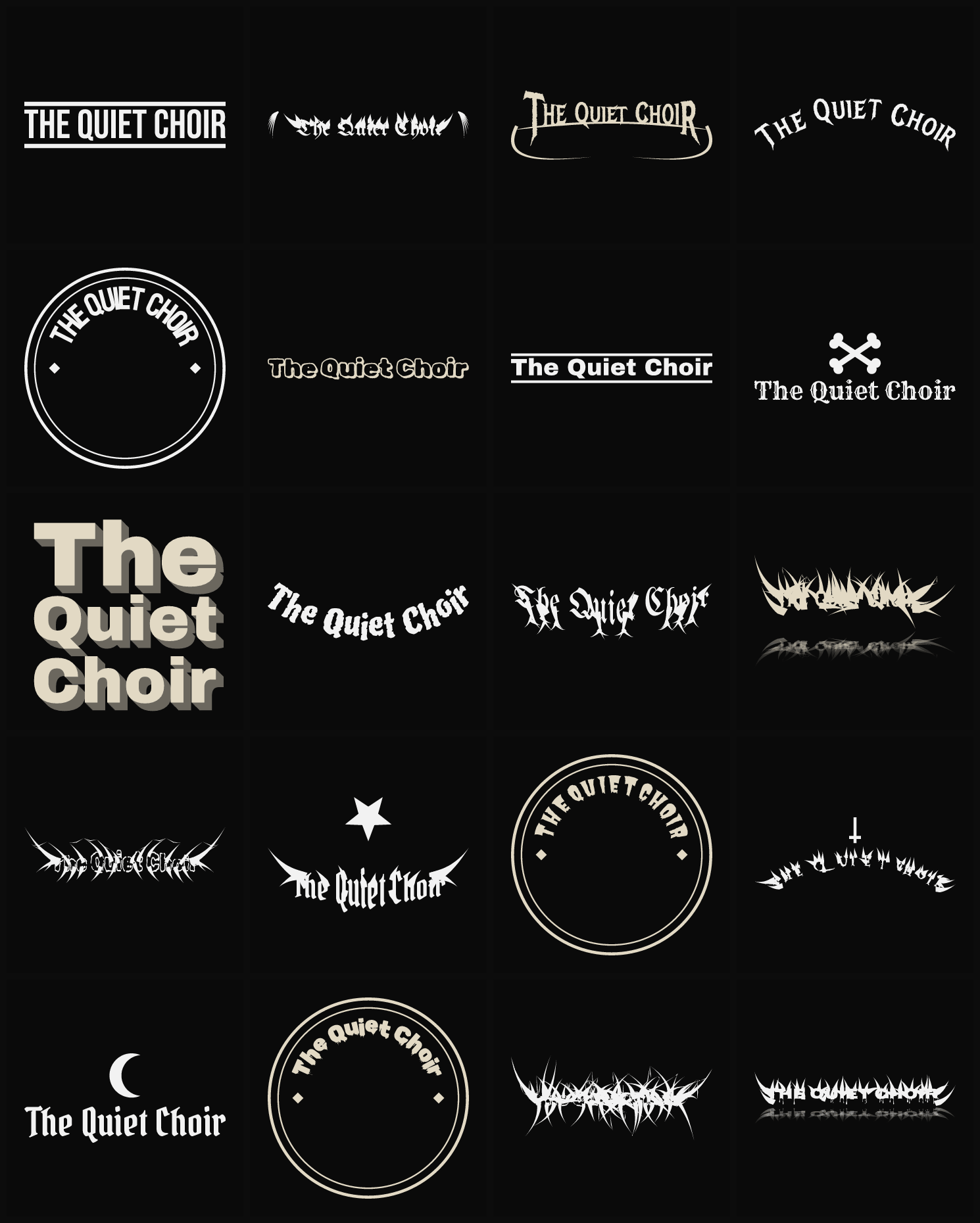 Twenty The Quiet Choir band logo ideas — different faces, treatments and spike settings