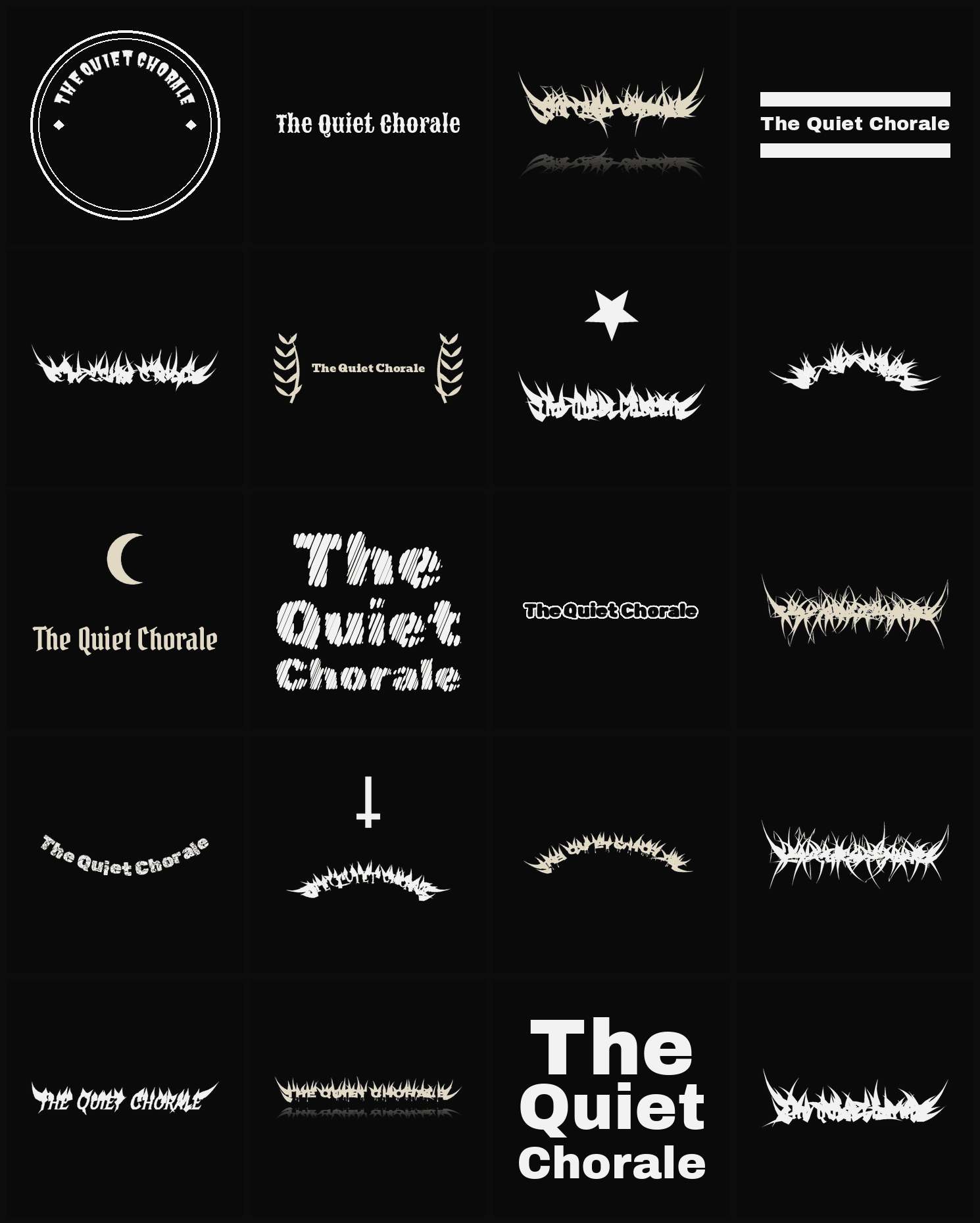 Twenty The Quiet Chorale band logo ideas — different faces, treatments and spike settings