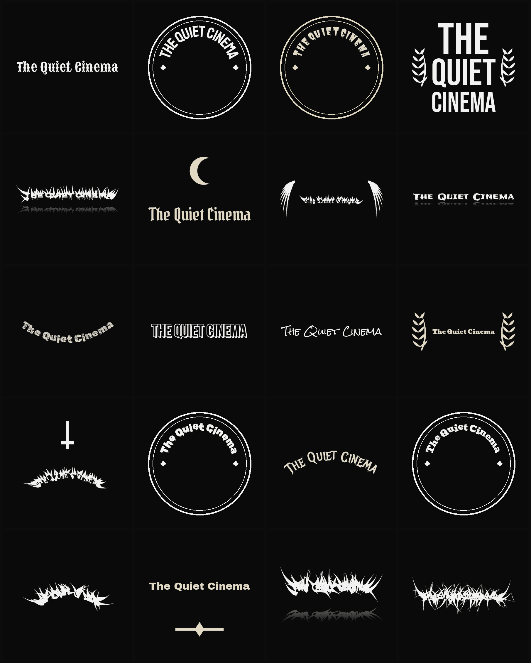 Twenty The Quiet Cinema band logo ideas — different faces, treatments and spike settings