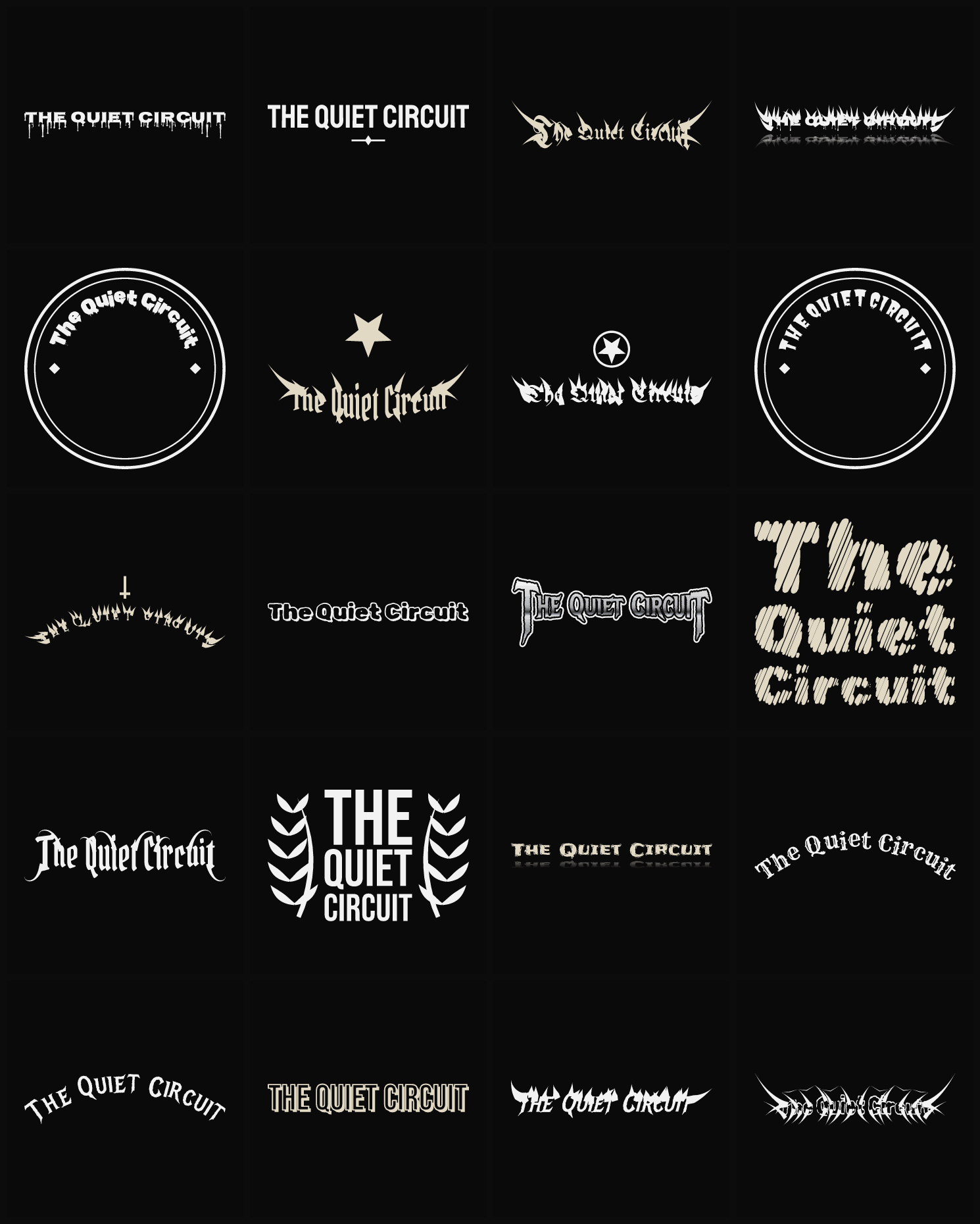 Twenty The Quiet Circuit band logo ideas — different faces, treatments and spike settings