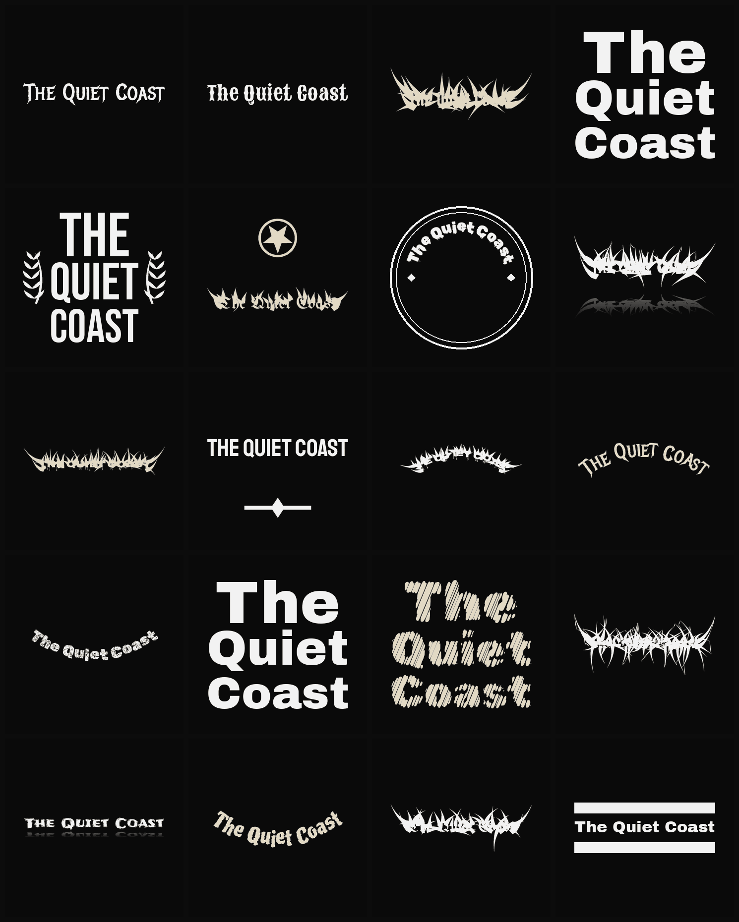 Twenty The Quiet Coast band logo ideas — different faces, treatments and spike settings