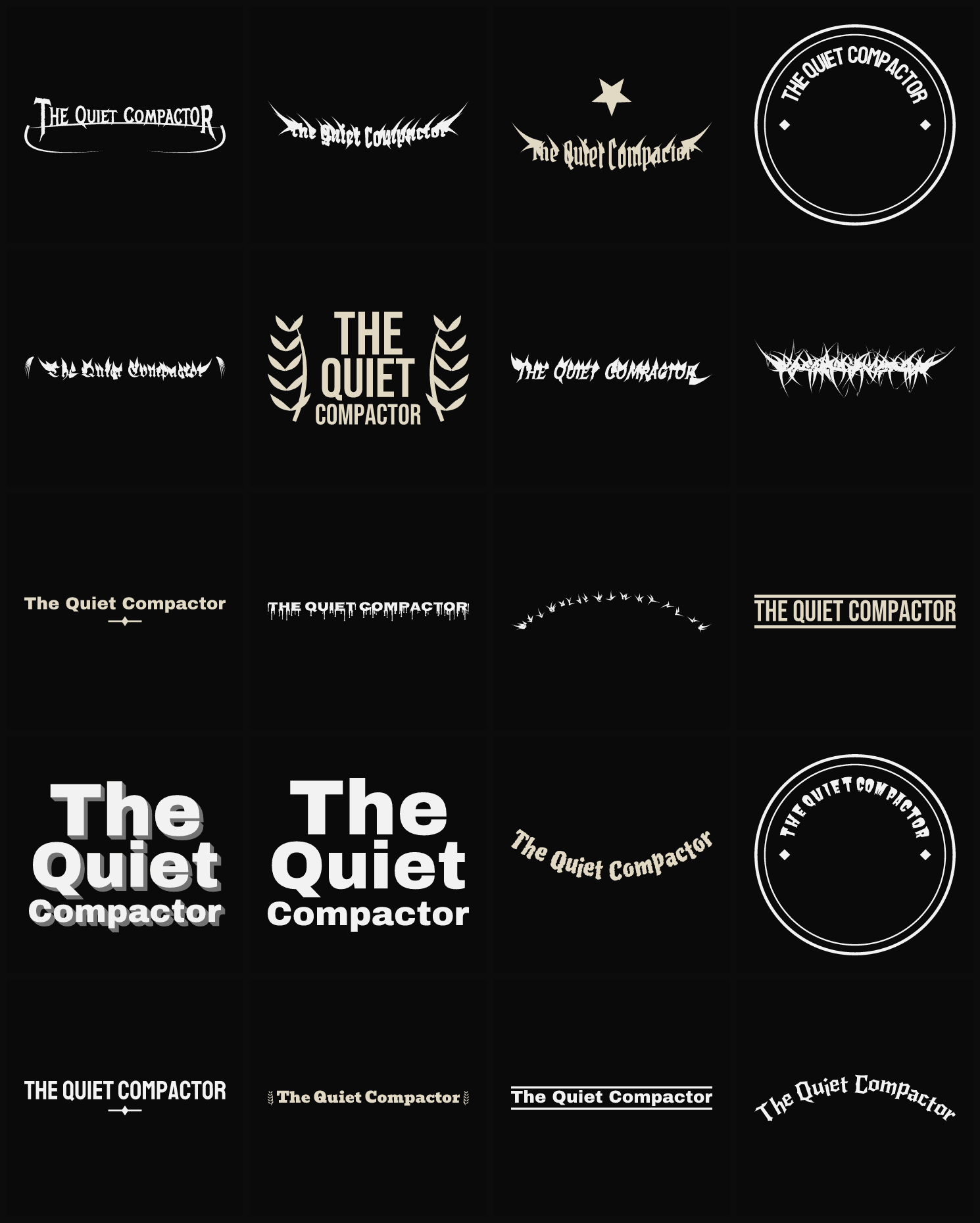 Twenty The Quiet Compactor band logo ideas — different faces, treatments and spike settings