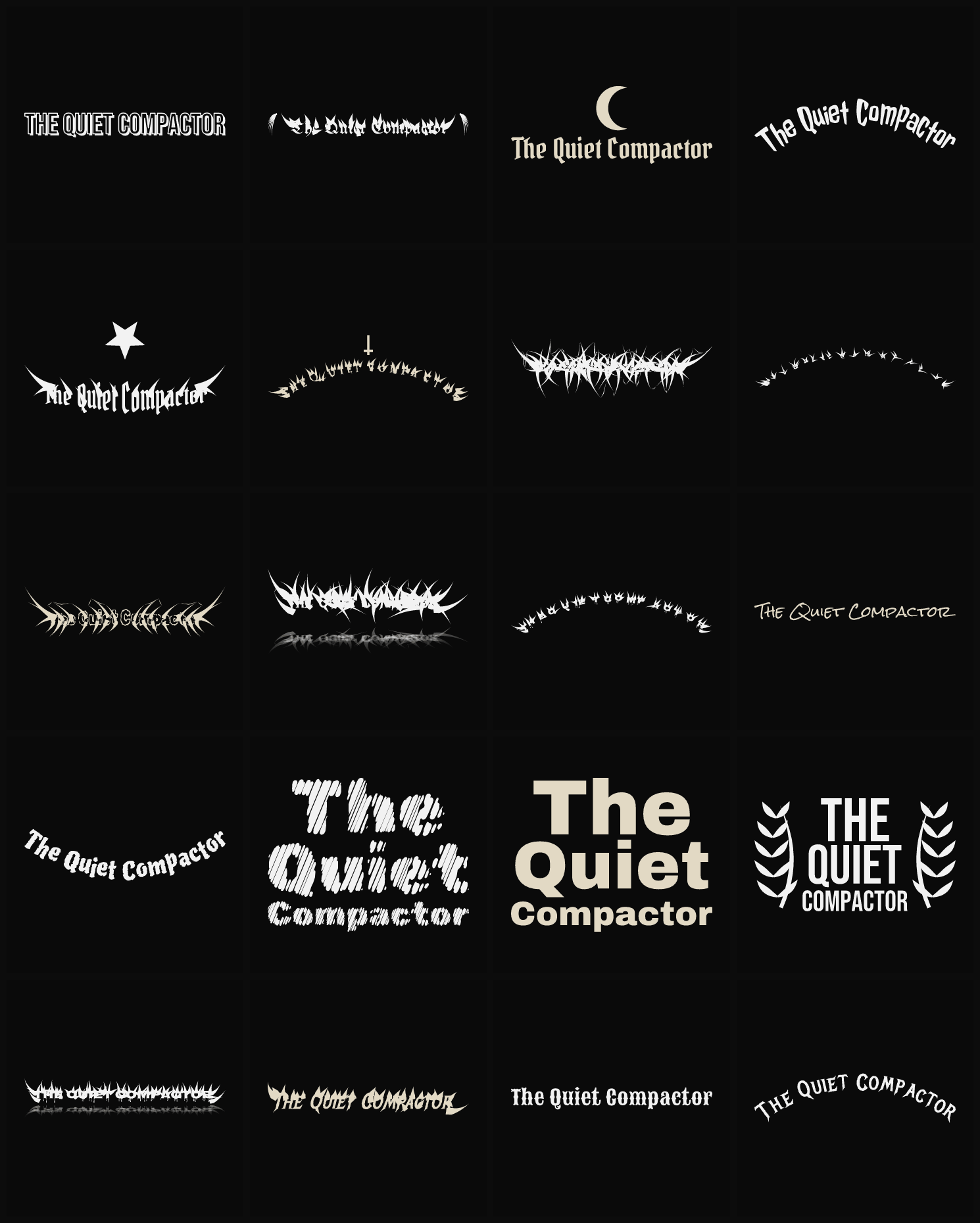 Twenty The Quiet Compactor band logo ideas — different faces, treatments and spike settings