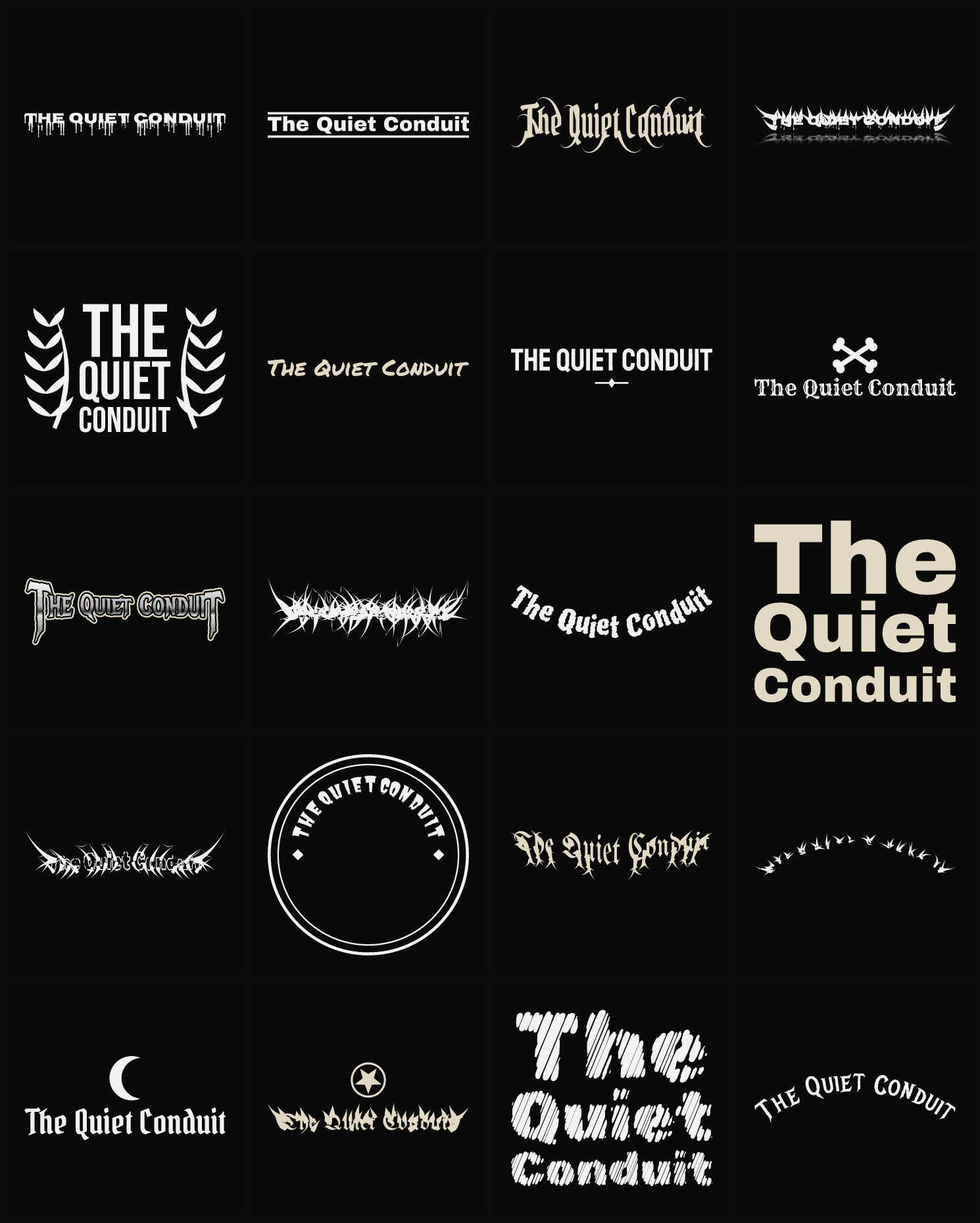 Twenty The Quiet Conduit band logo ideas — different faces, treatments and spike settings