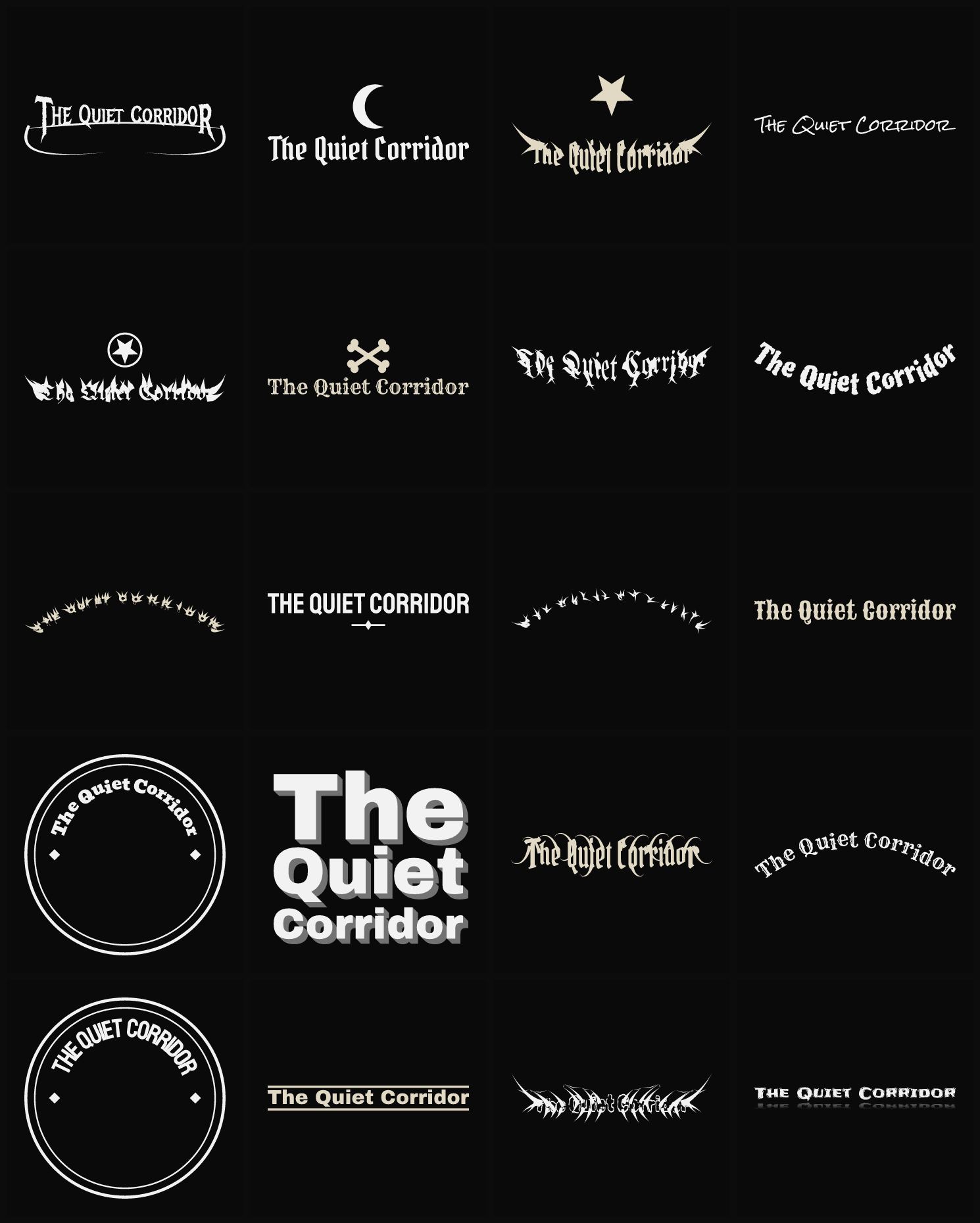 Twenty The Quiet Corridor band logo ideas — different faces, treatments and spike settings