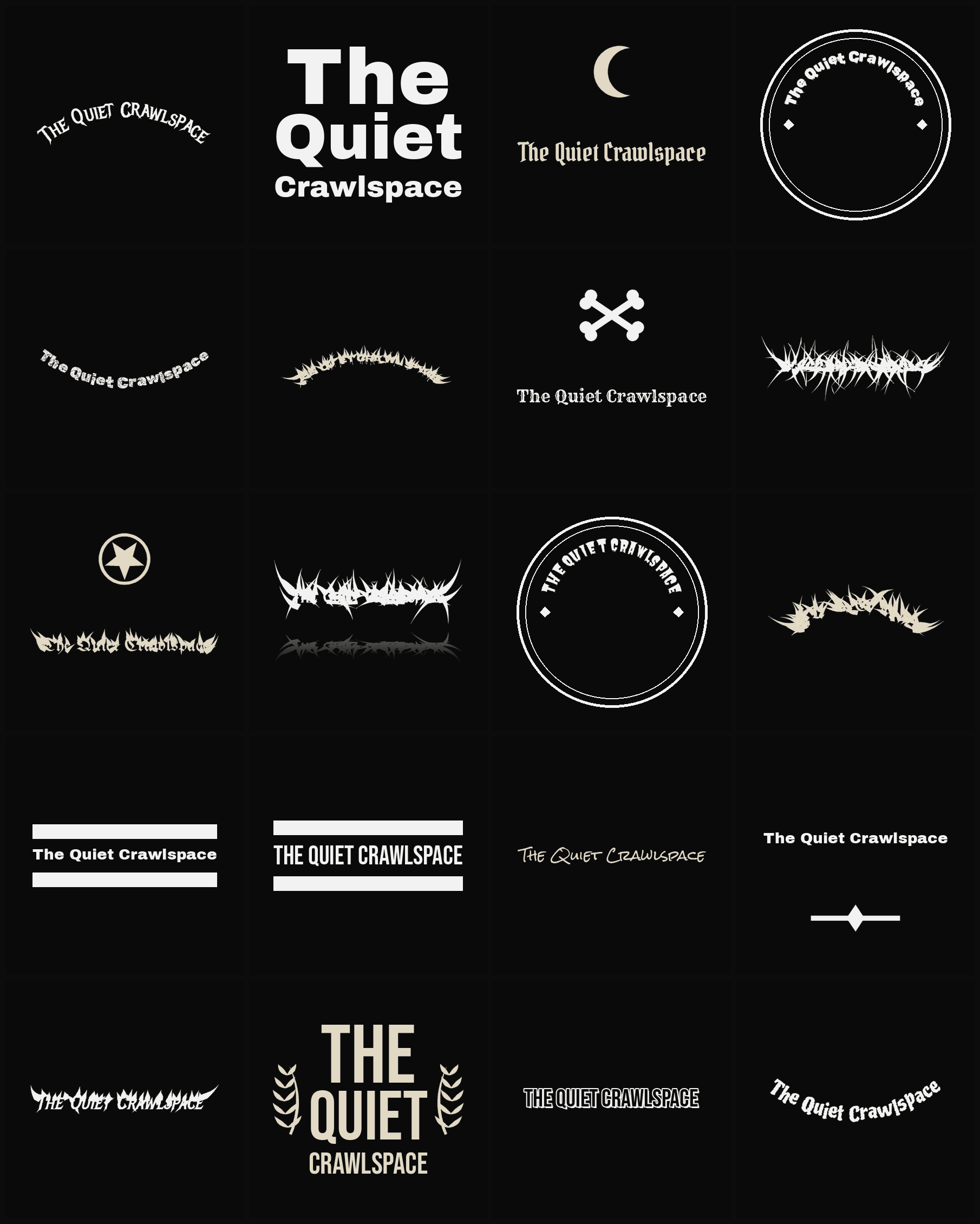 Twenty The Quiet Crawlspace band logo ideas — different faces, treatments and spike settings