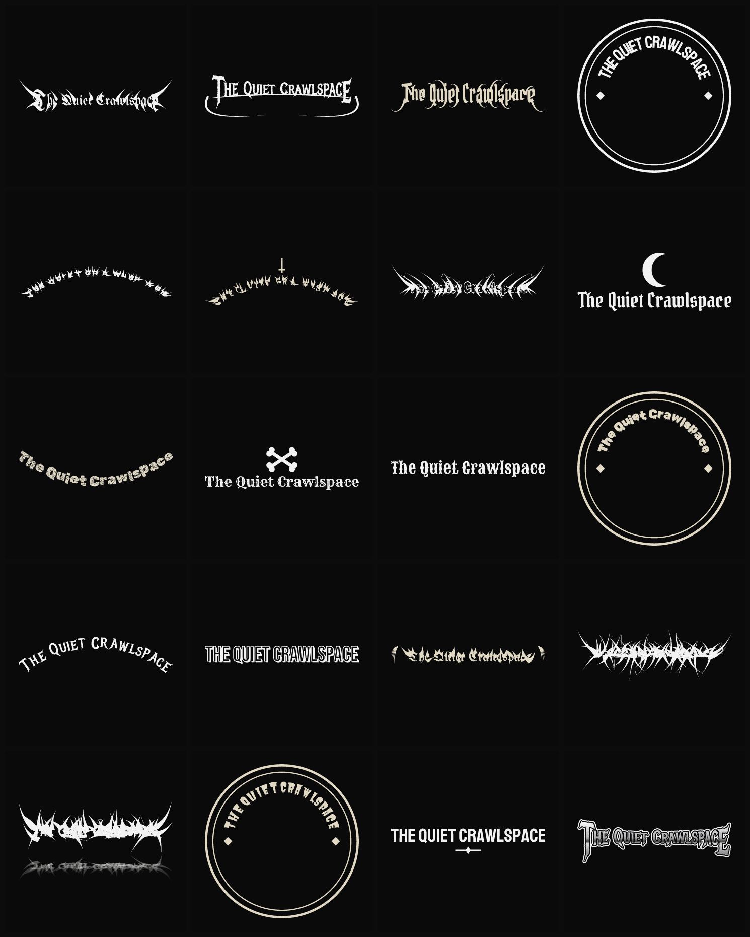 Twenty The Quiet Crawlspace band logo ideas — different faces, treatments and spike settings