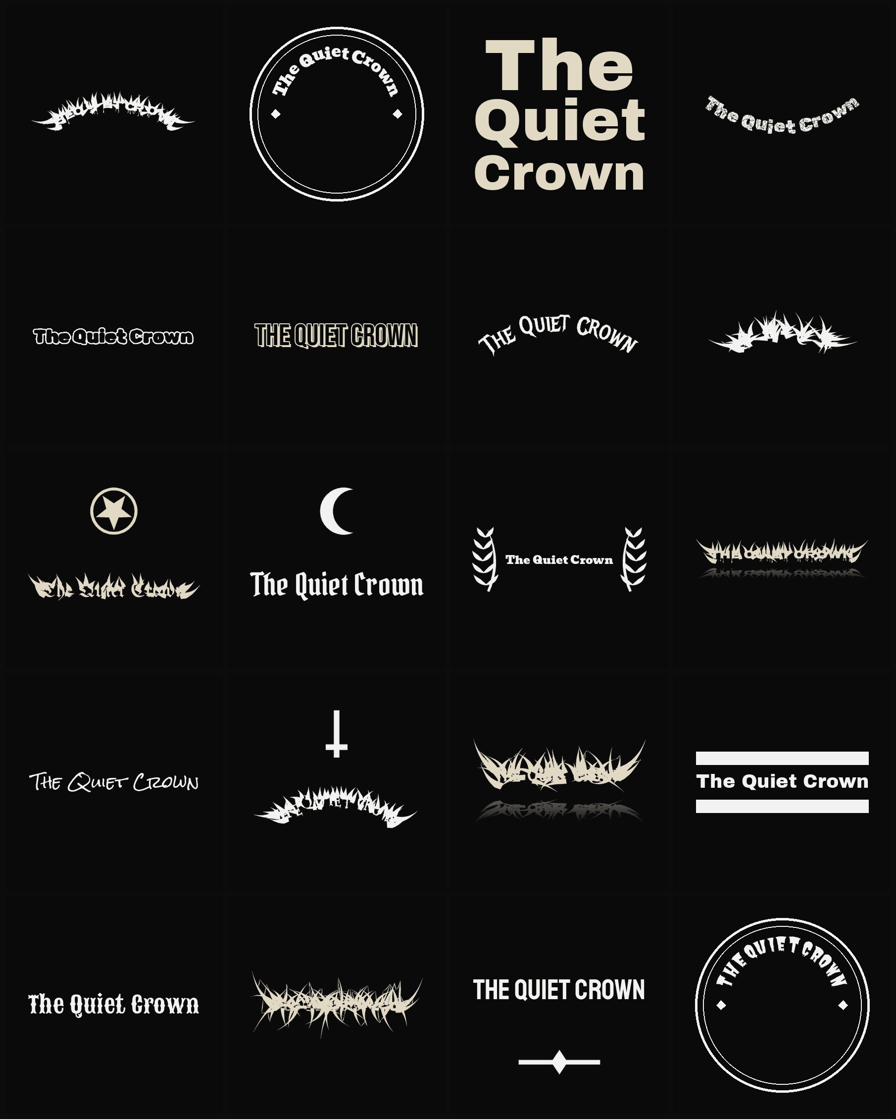 Twenty The Quiet Crown band logo ideas — different faces, treatments and spike settings