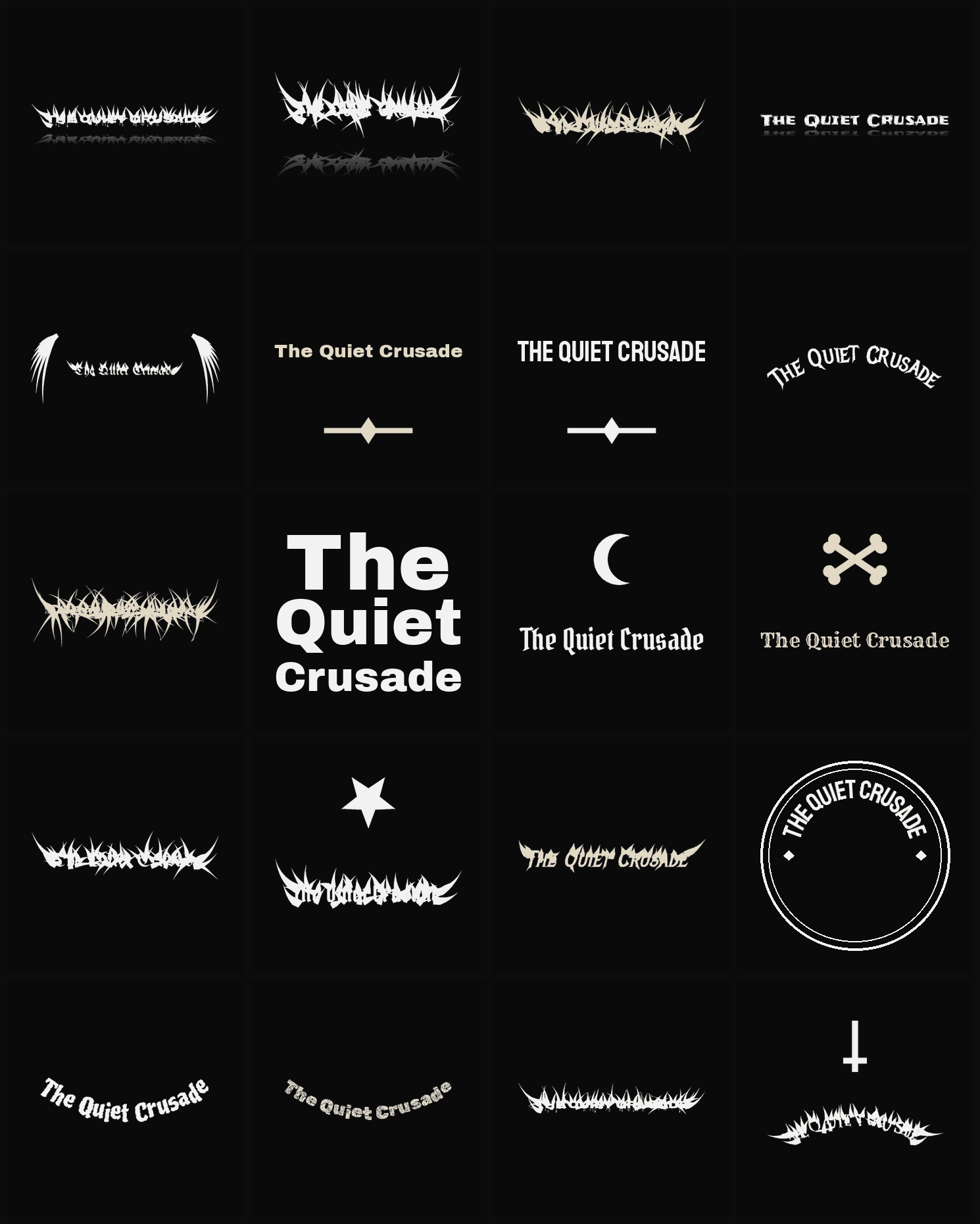 Twenty The Quiet Crusade band logo ideas — different faces, treatments and spike settings