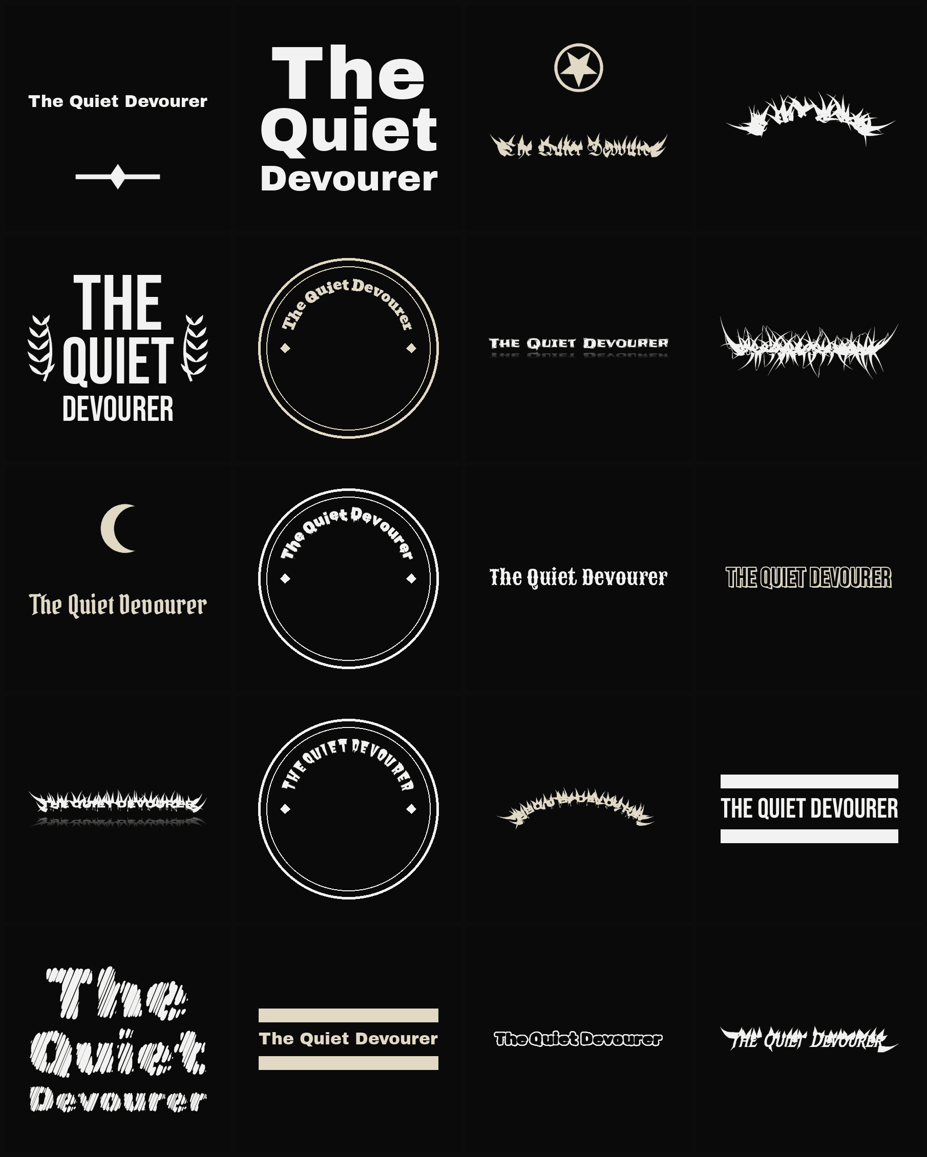 Twenty The Quiet Devourer band logo ideas — different faces, treatments and spike settings