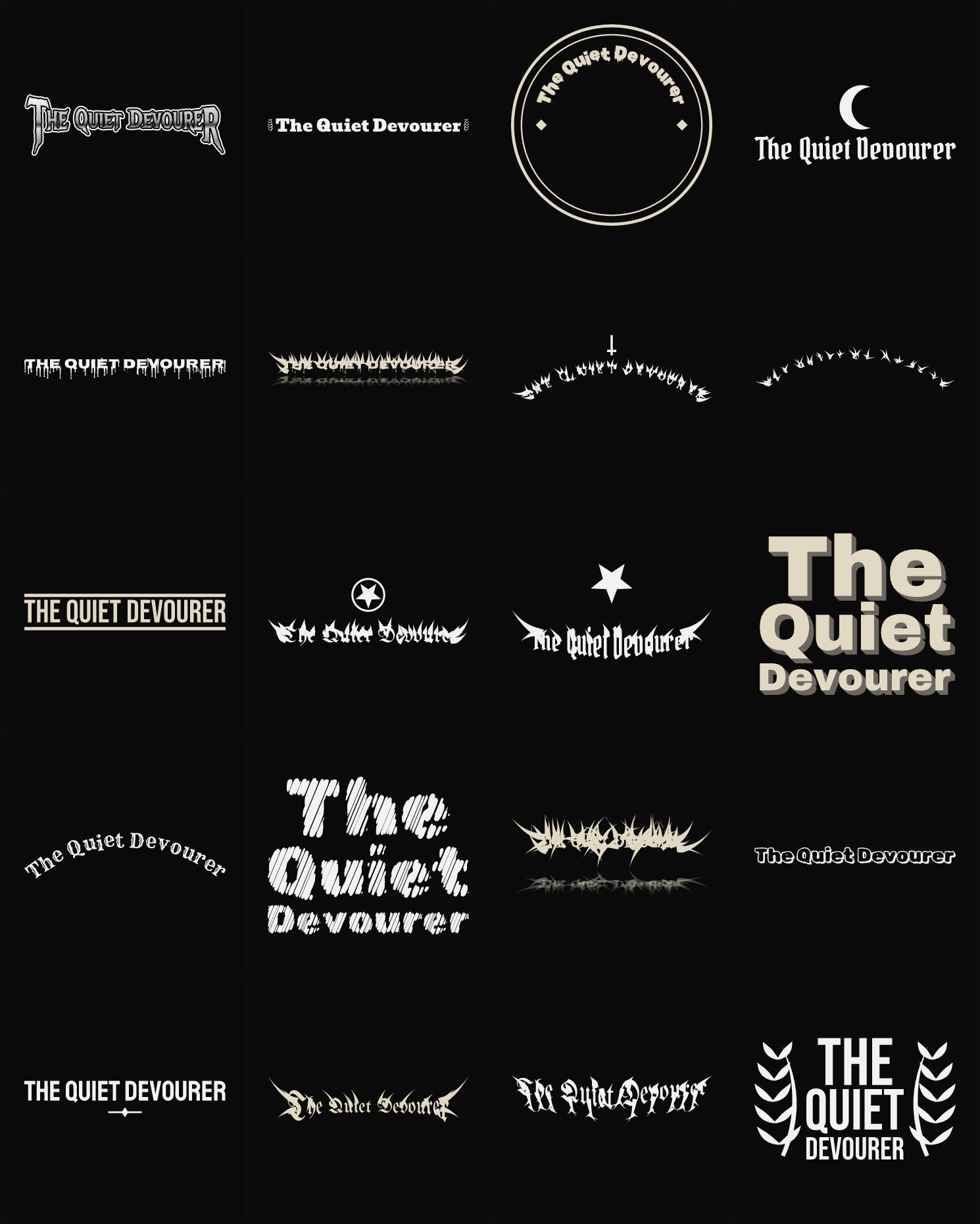 Twenty The Quiet Devourer band logo ideas — different faces, treatments and spike settings