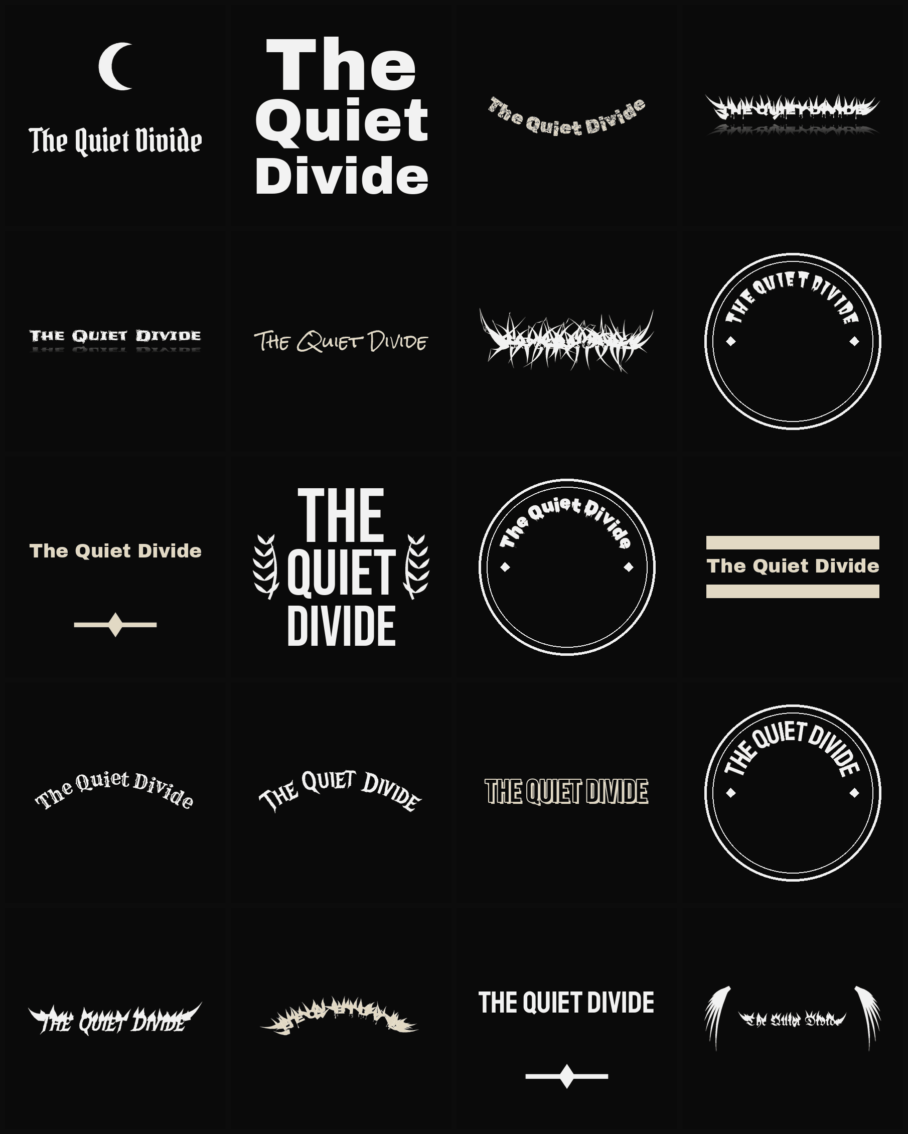 Twenty The Quiet Divide band logo ideas — different faces, treatments and spike settings