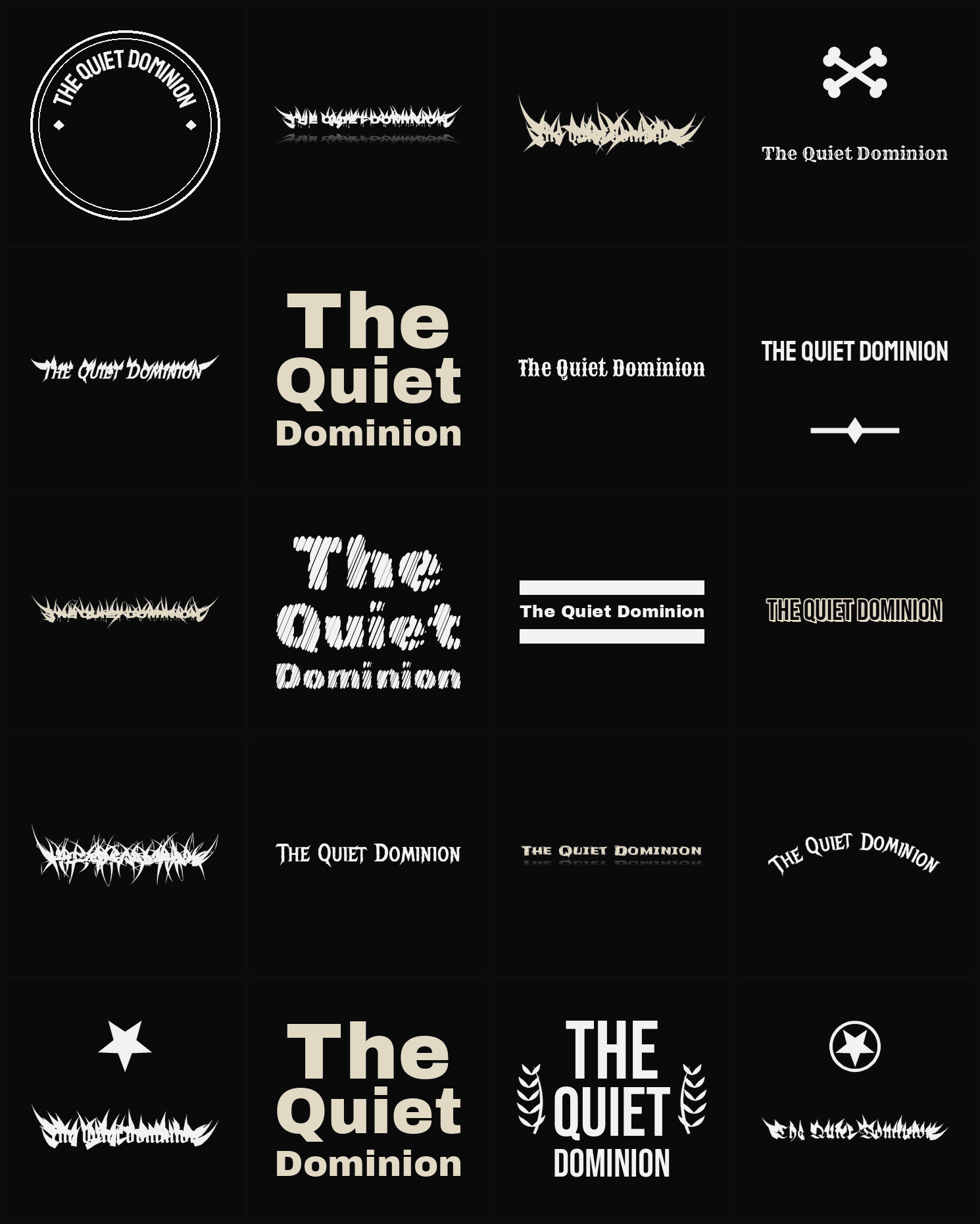 Twenty The Quiet Dominion band logo ideas — different faces, treatments and spike settings
