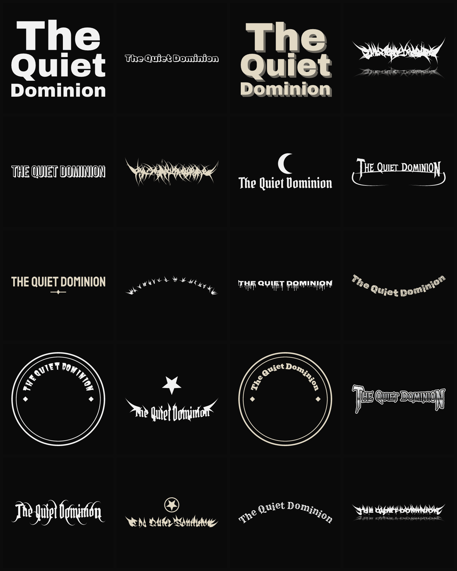 Twenty The Quiet Dominion band logo ideas — different faces, treatments and spike settings