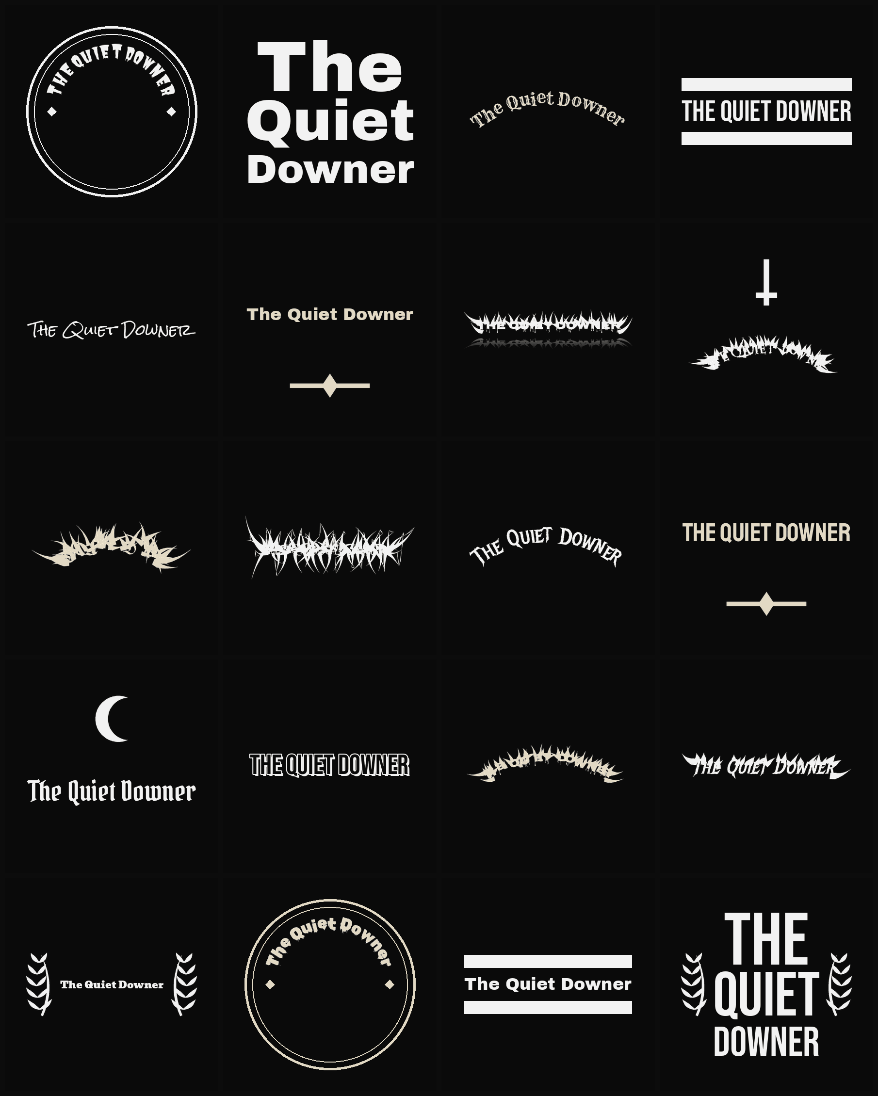 Twenty The Quiet Downer band logo ideas — different faces, treatments and spike settings