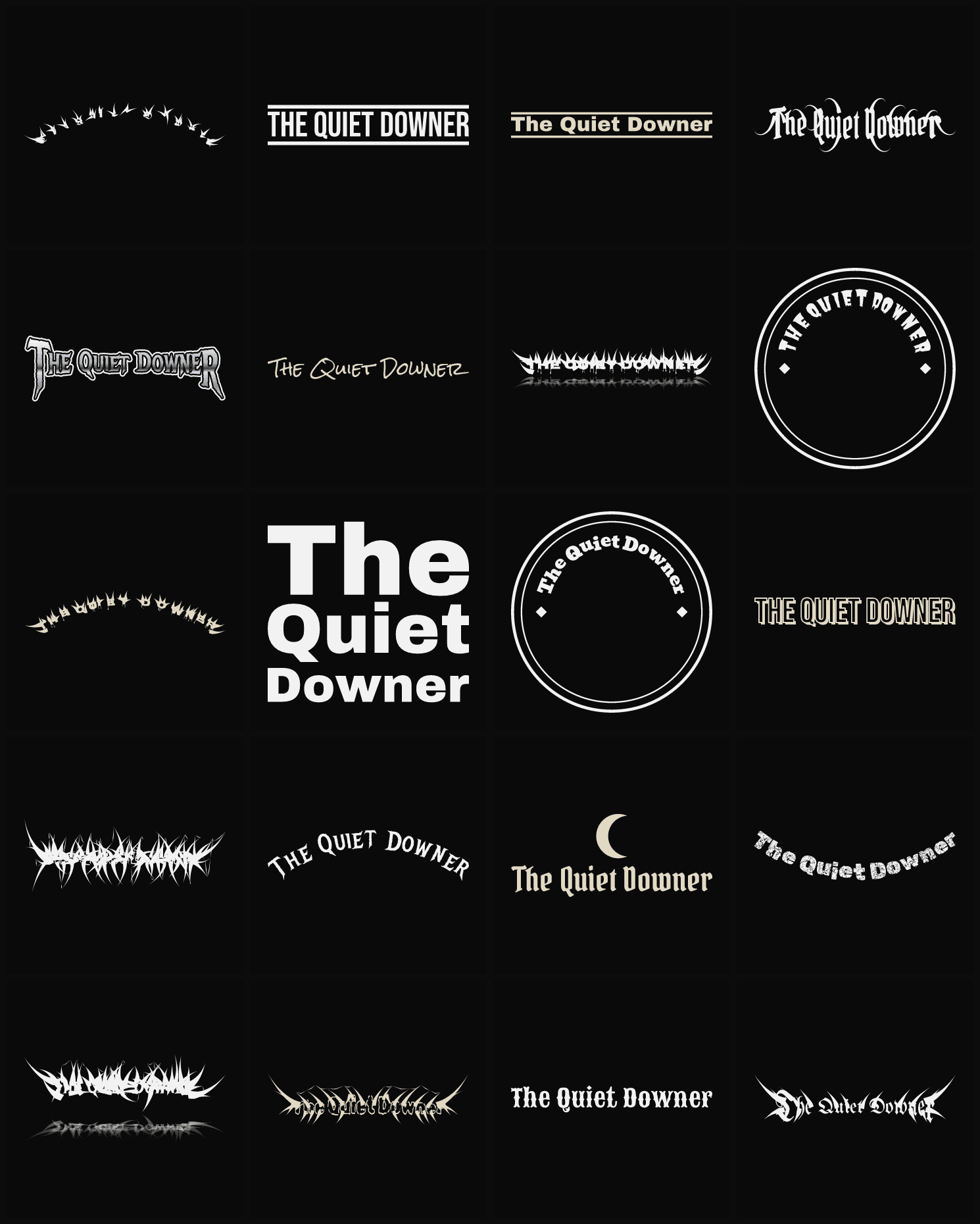 Twenty The Quiet Downer band logo ideas — different faces, treatments and spike settings
