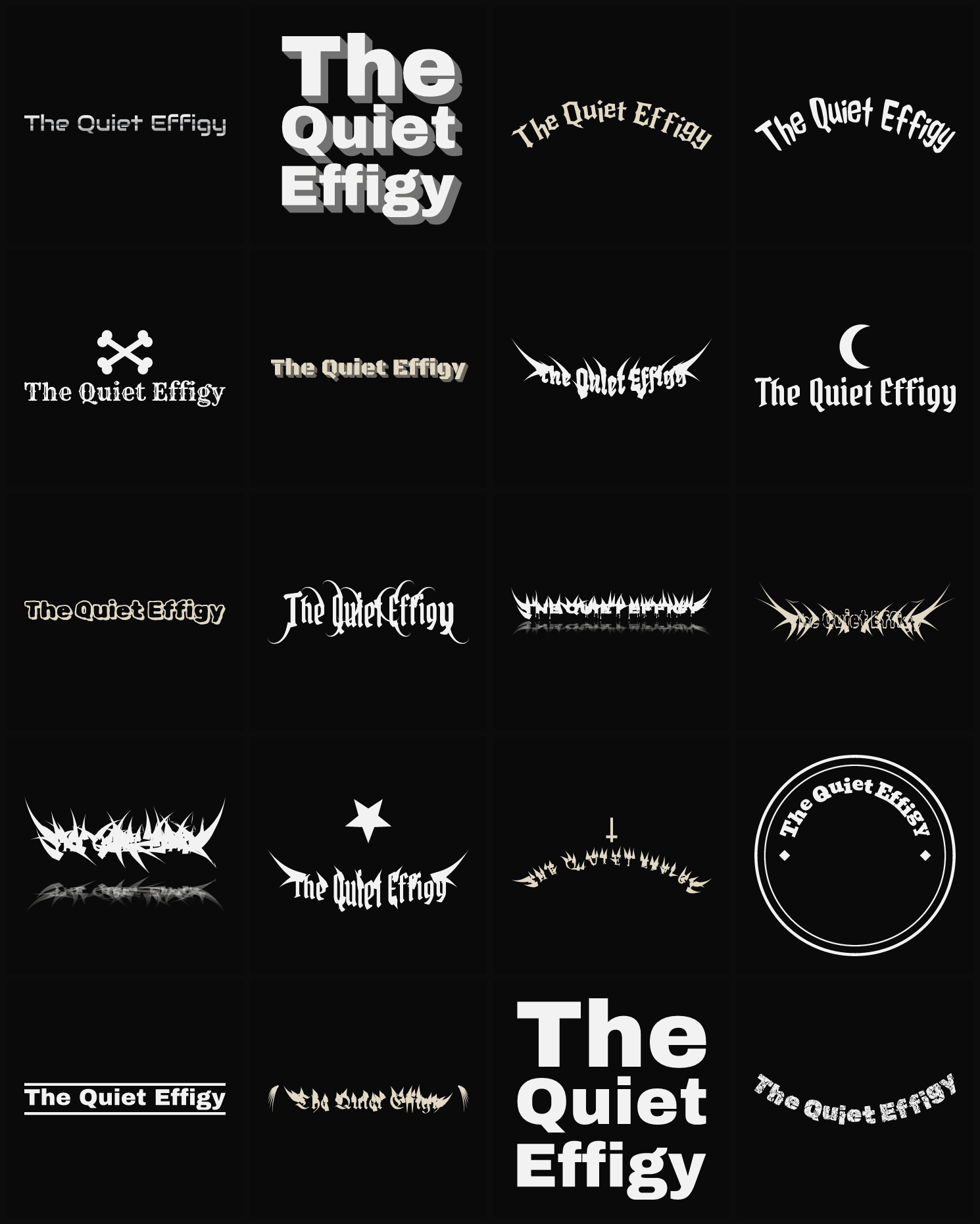 Twenty The Quiet Effigy band logo ideas — different faces, treatments and spike settings