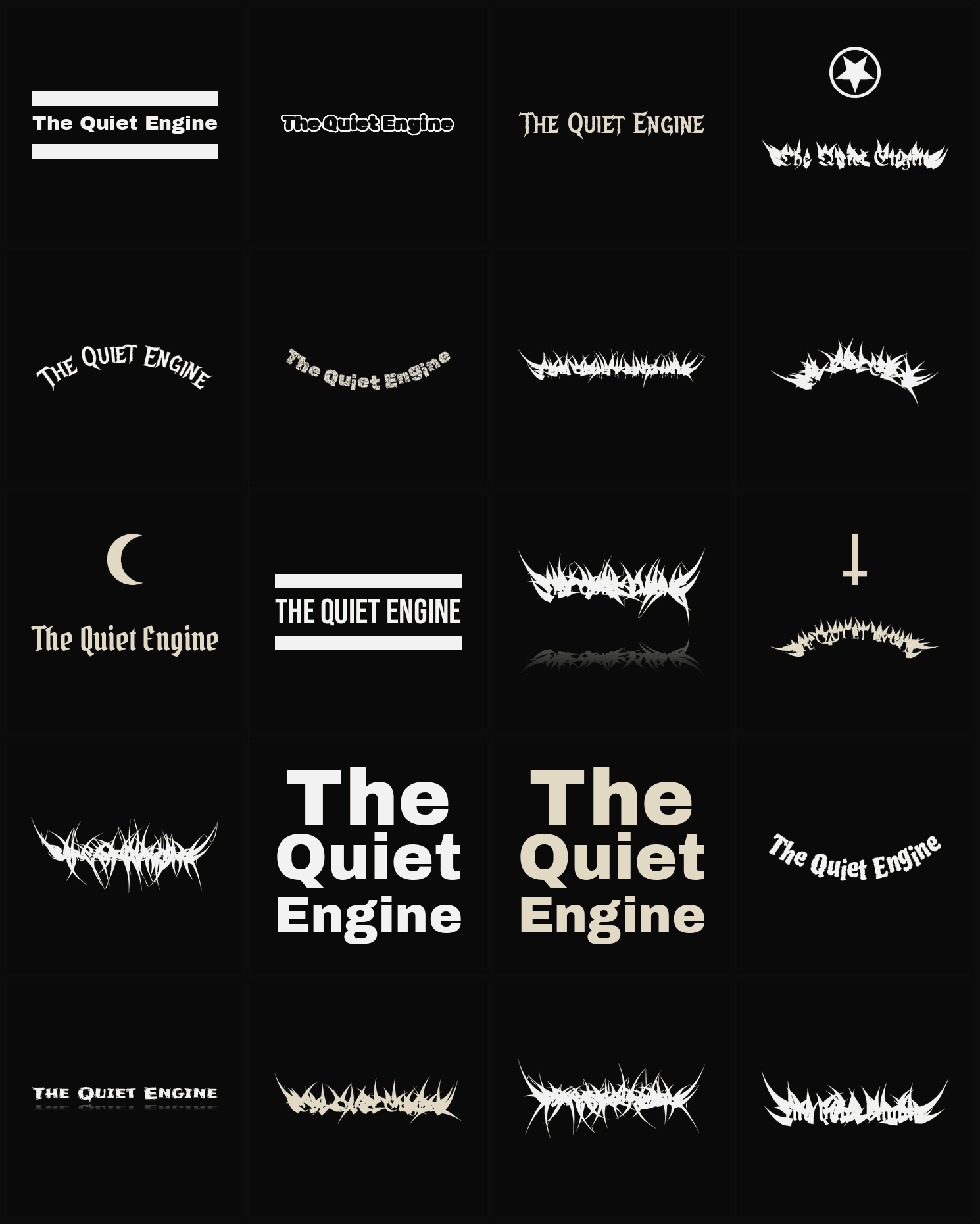 Twenty The Quiet Engine band logo ideas — different faces, treatments and spike settings